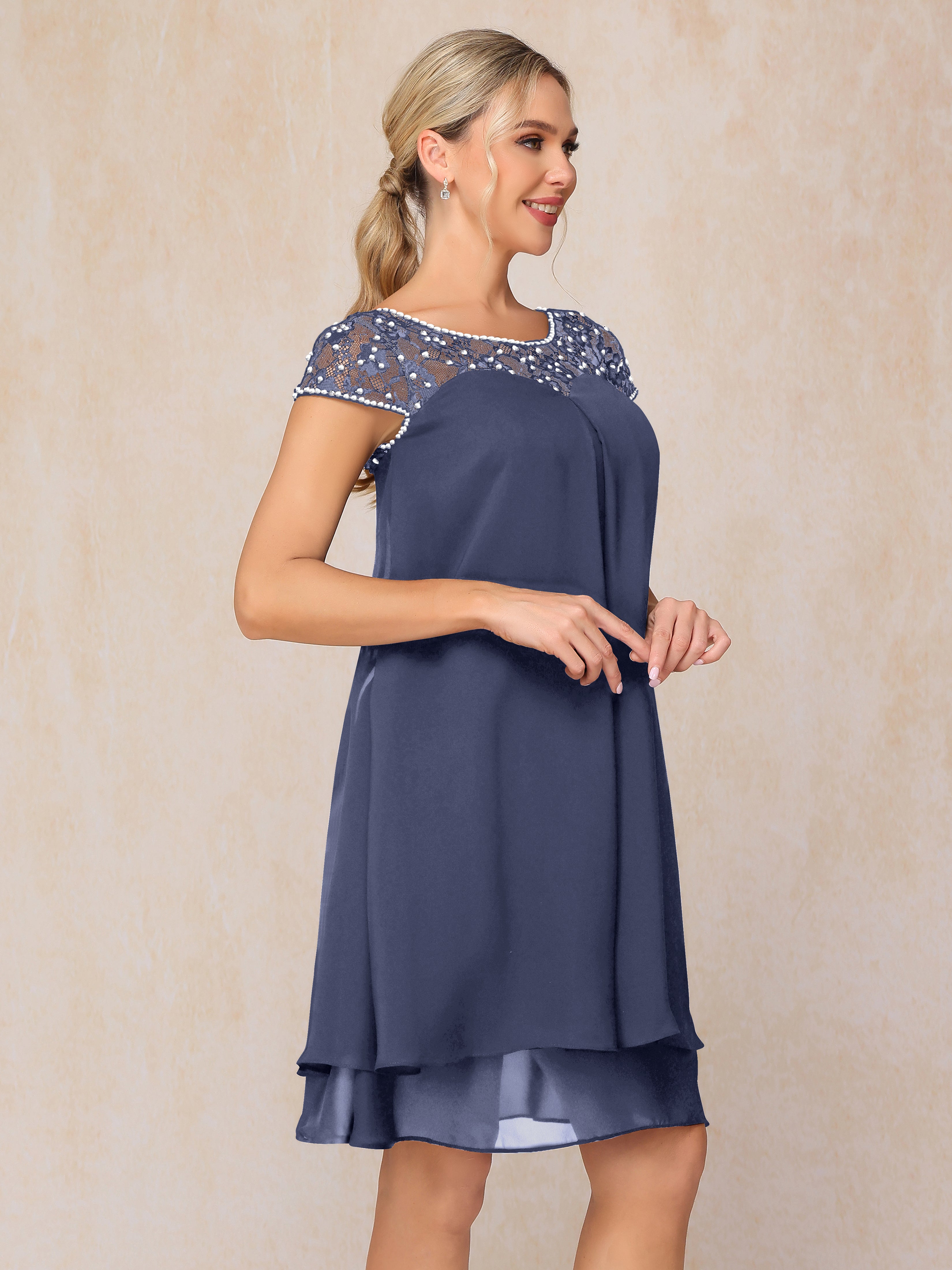 Cap Sleeves Beading Knee Length Chiffon Lace Mother Of The Bride Dress