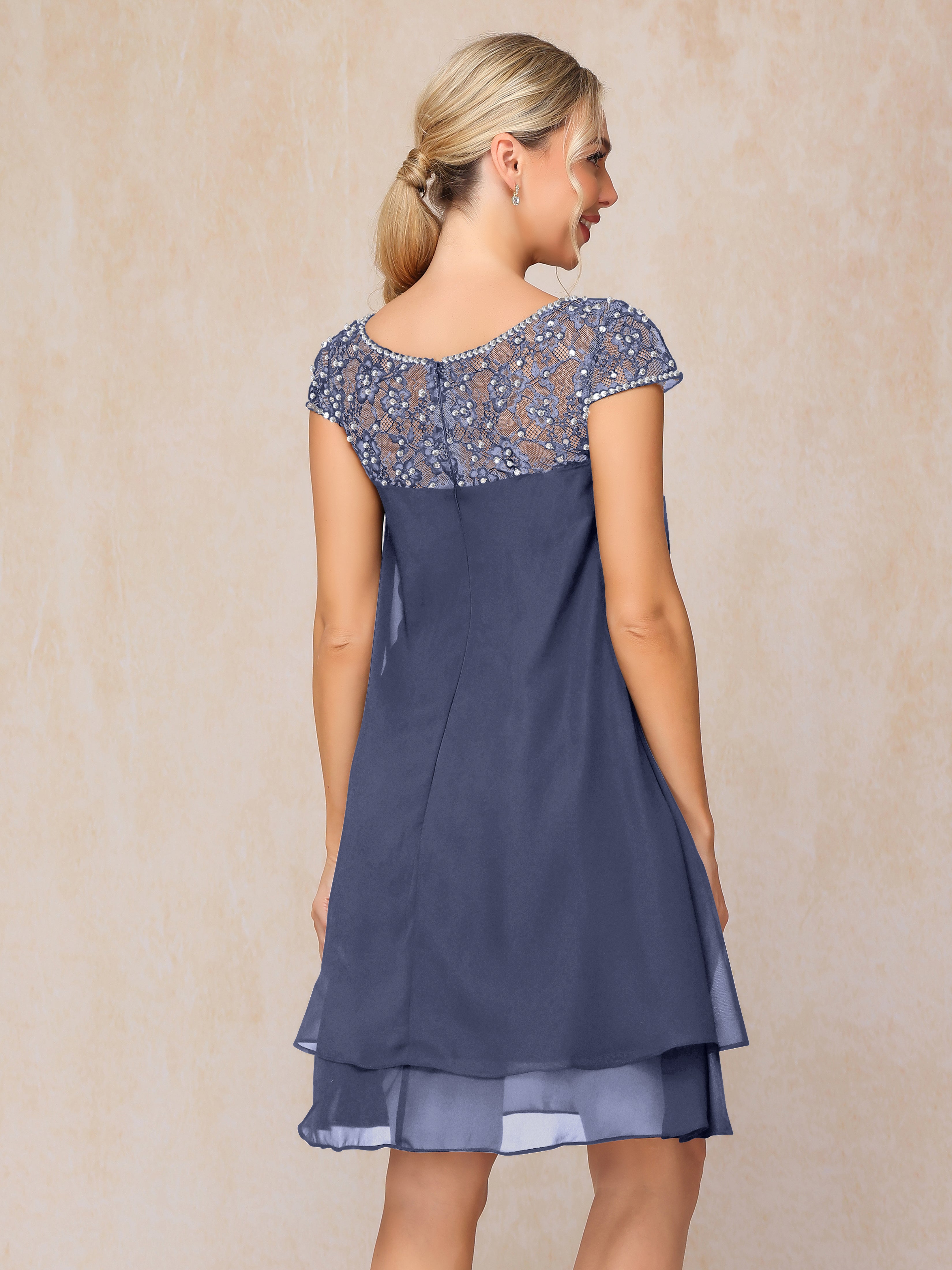 Cap Sleeves Beading Knee Length Chiffon Lace Mother Of The Bride Dress