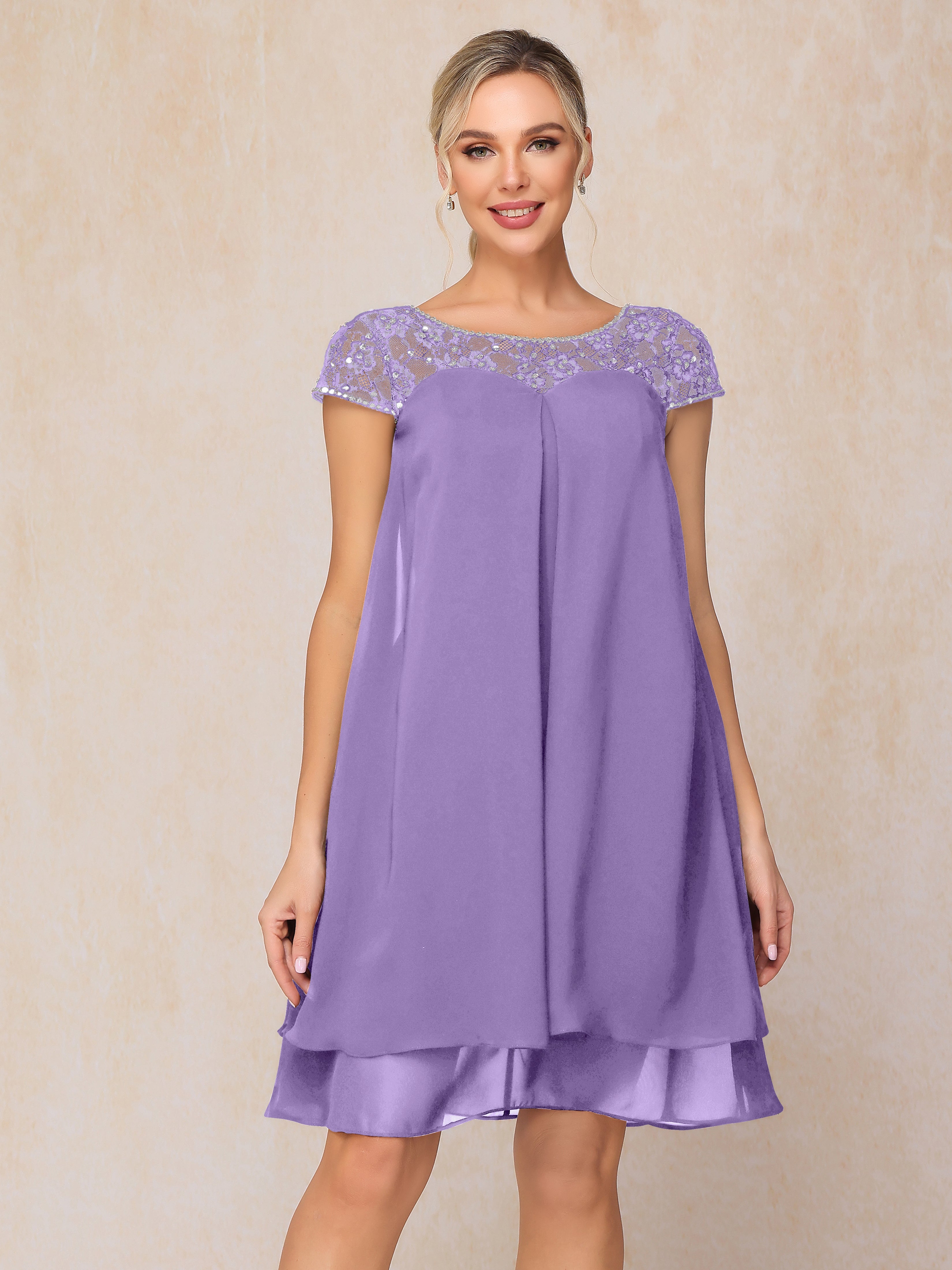 Cap Sleeves Beading Knee Length Chiffon Lace Mother Of The  Groom Dress