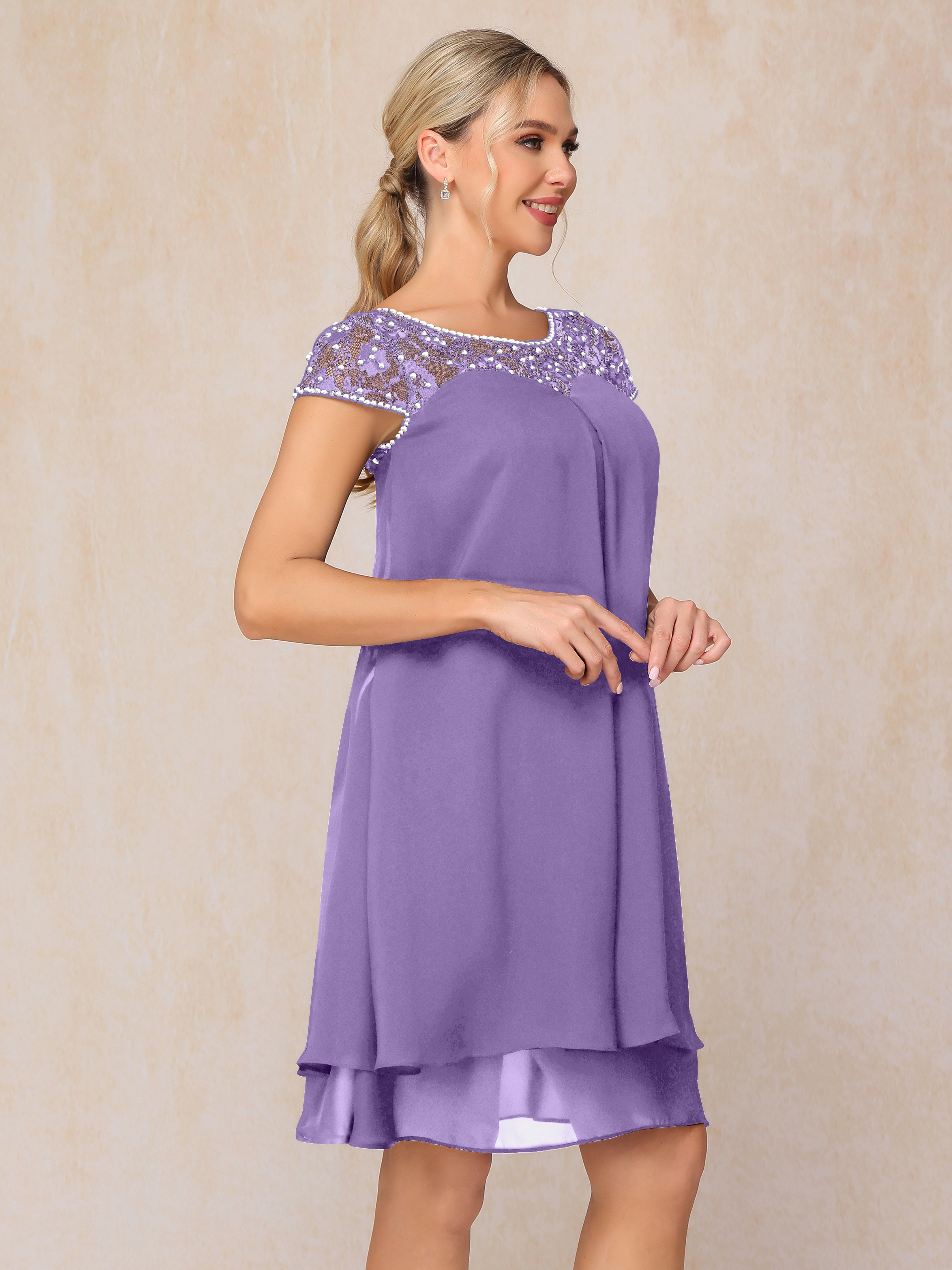 Cap Sleeves Beading Knee Length Chiffon Lace Mother Of The Bride Dress