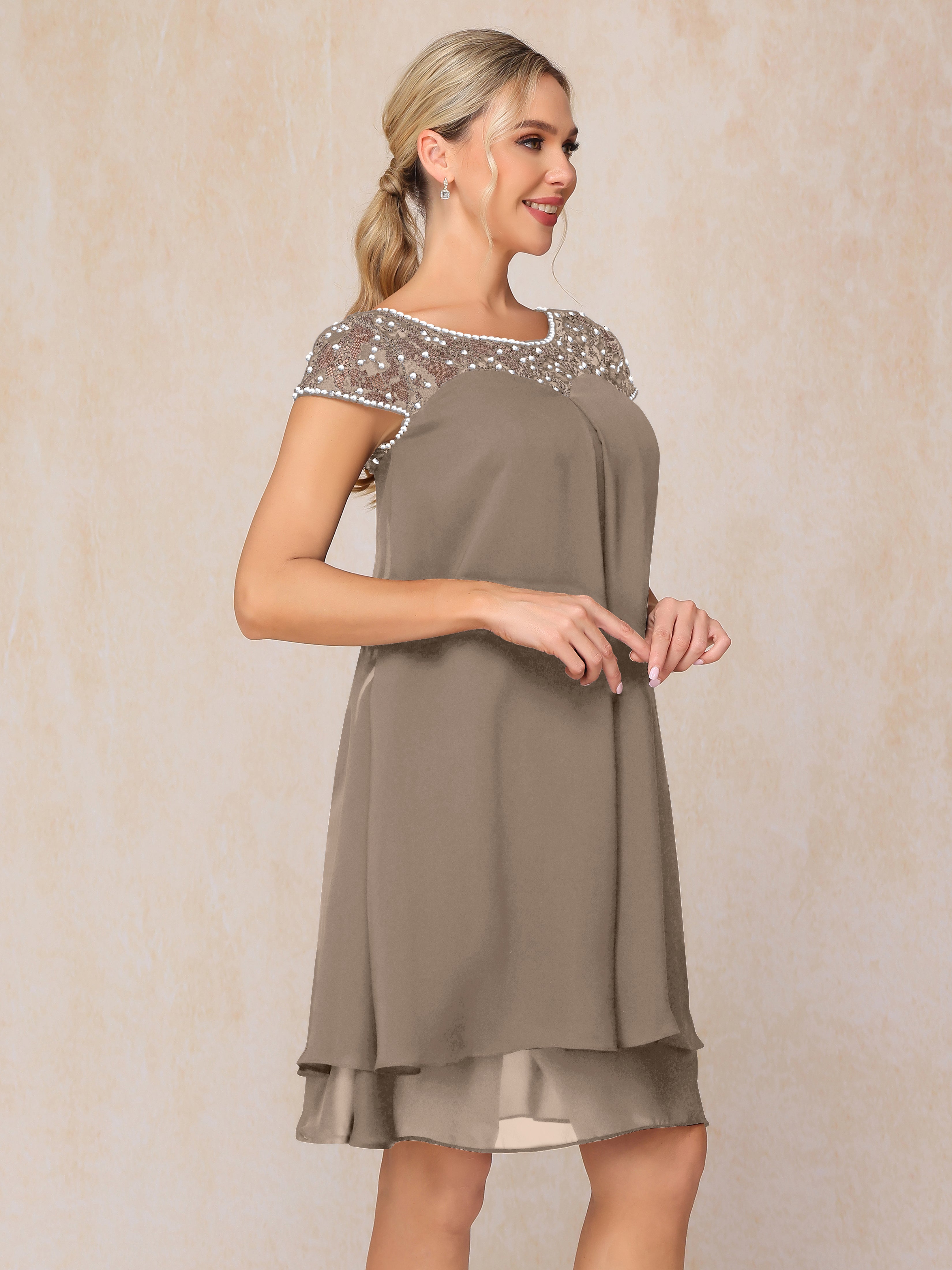 Cap Sleeves Beading Knee Length Chiffon Lace Mother Of The  Groom Dress