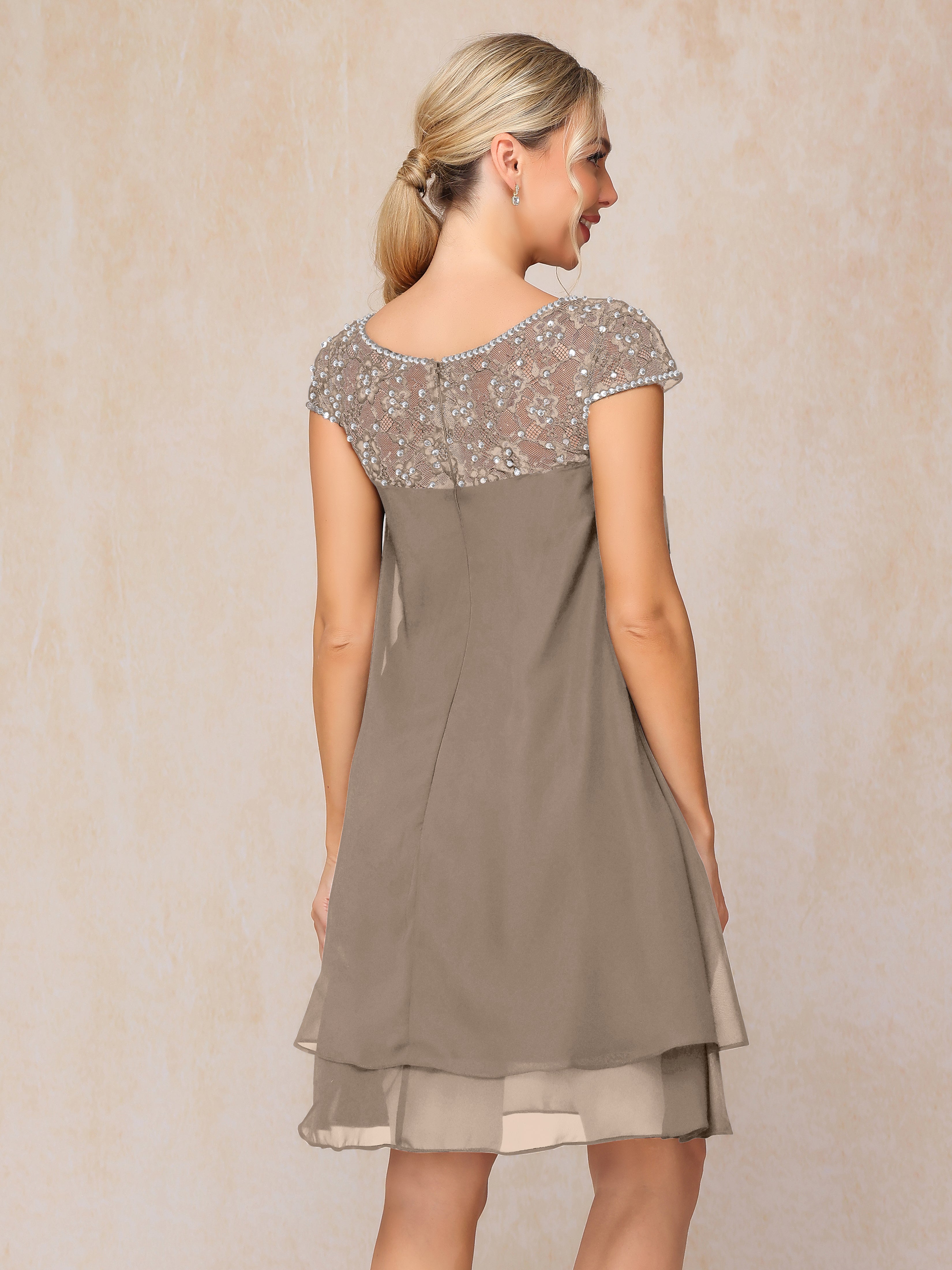 Cap Sleeves Beading Knee Length Chiffon Lace Mother Of The Bride Dress