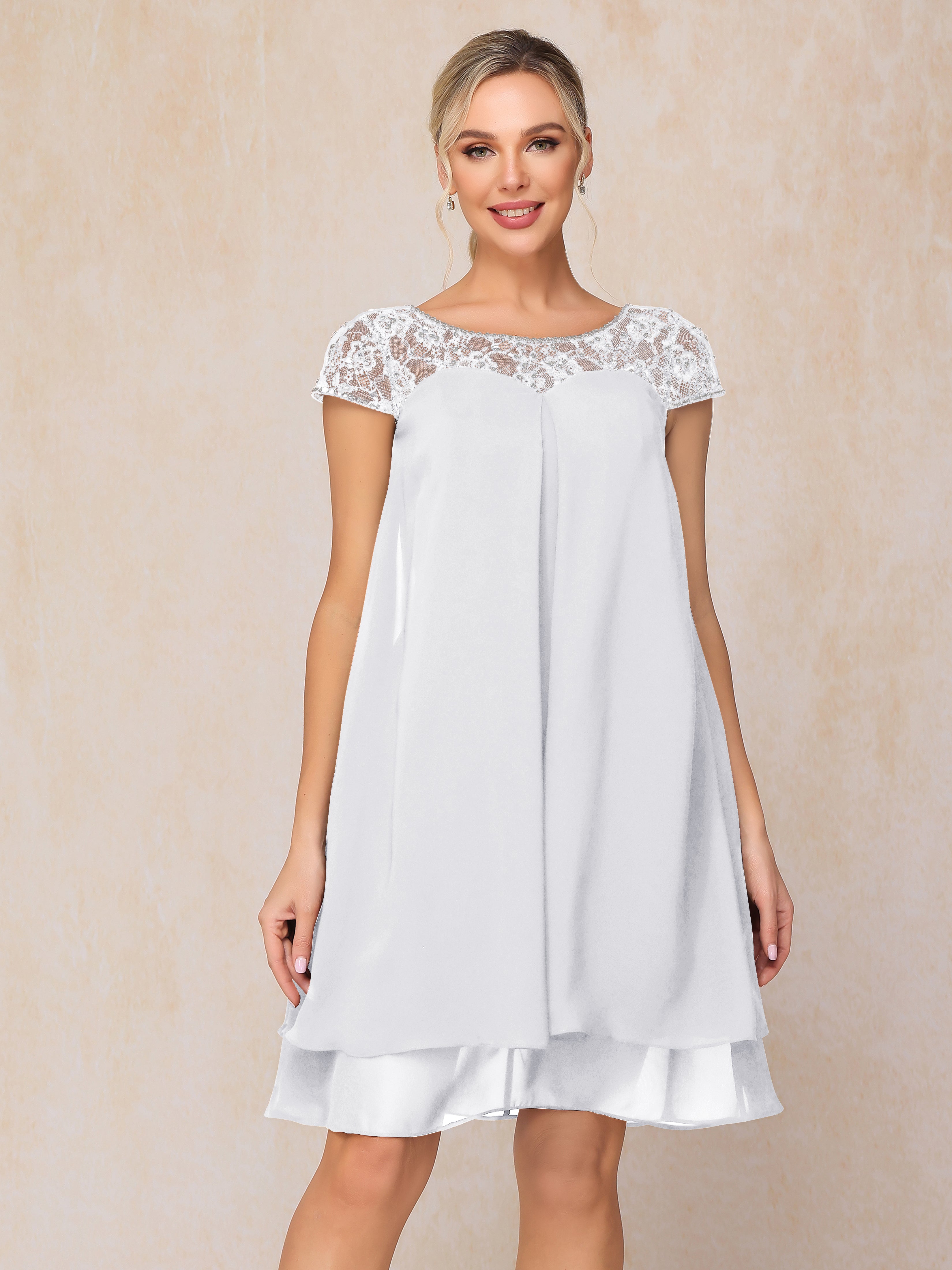 Cap Sleeves Beading Knee Length Chiffon Lace Mother Of The  Groom Dress