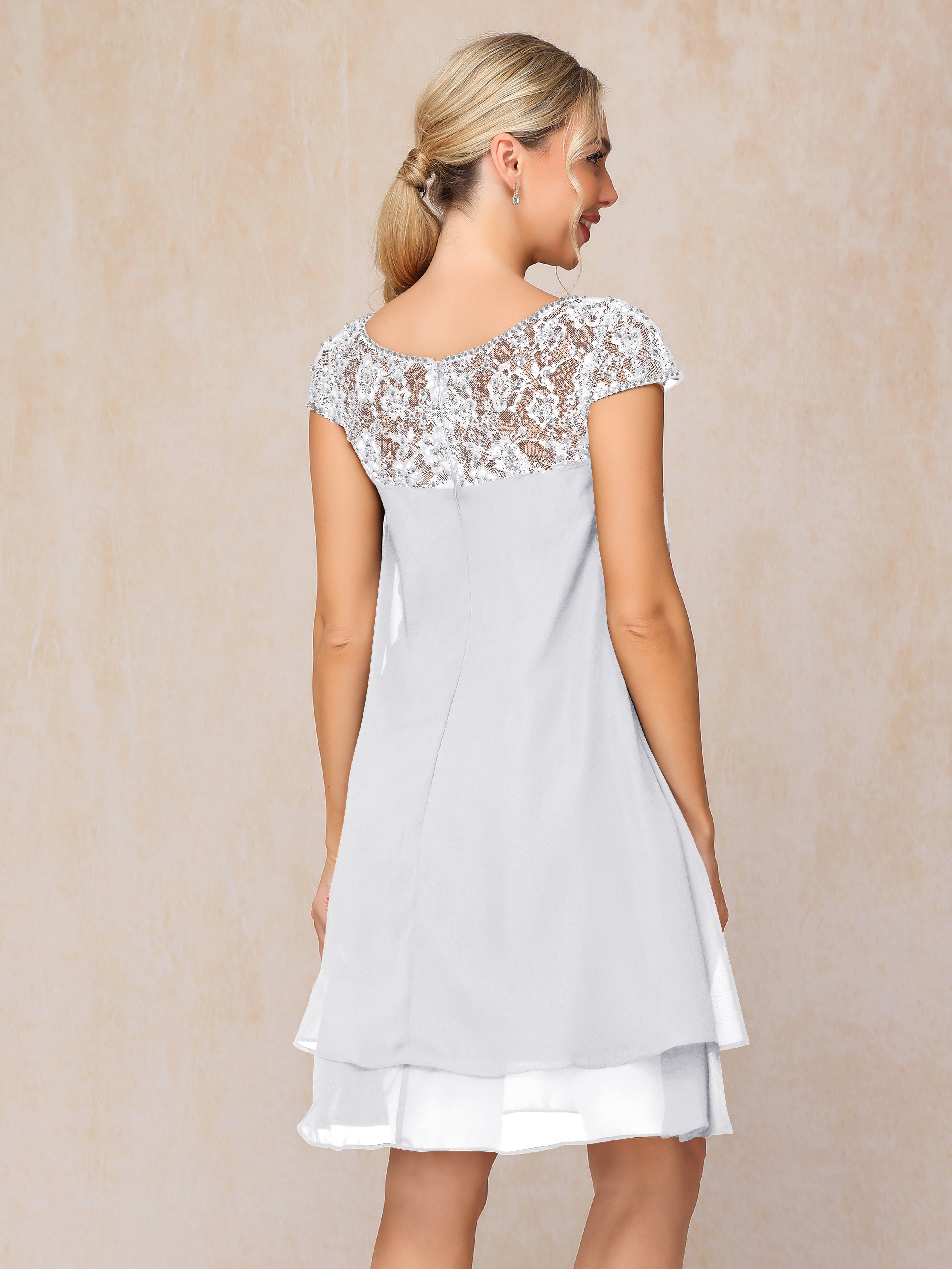 Cap Sleeves Beading Knee Length Chiffon Lace Mother Of The  Groom Dress