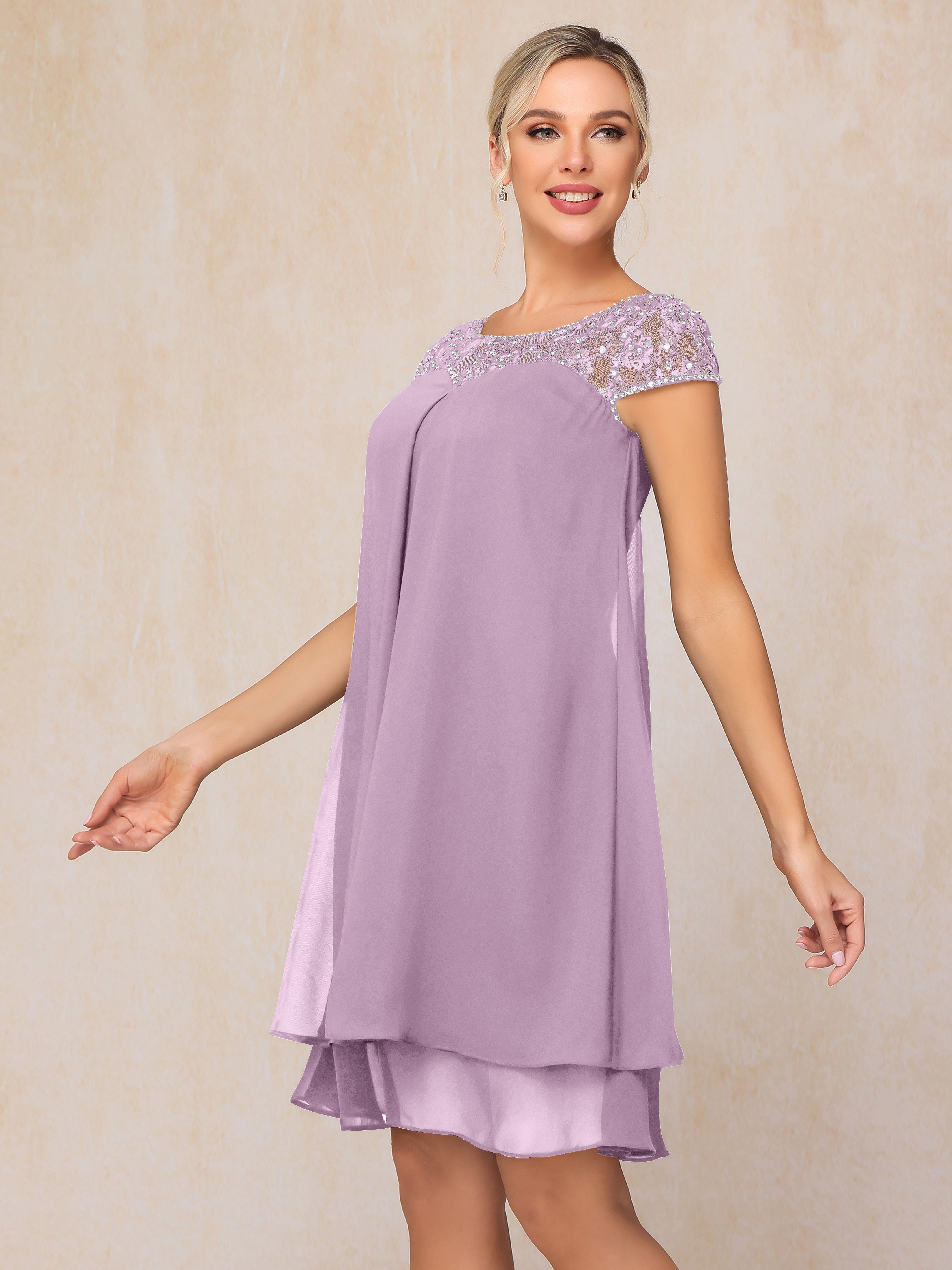 Cap Sleeves Beading Knee Length Chiffon Lace Mother Of The  Groom Dress