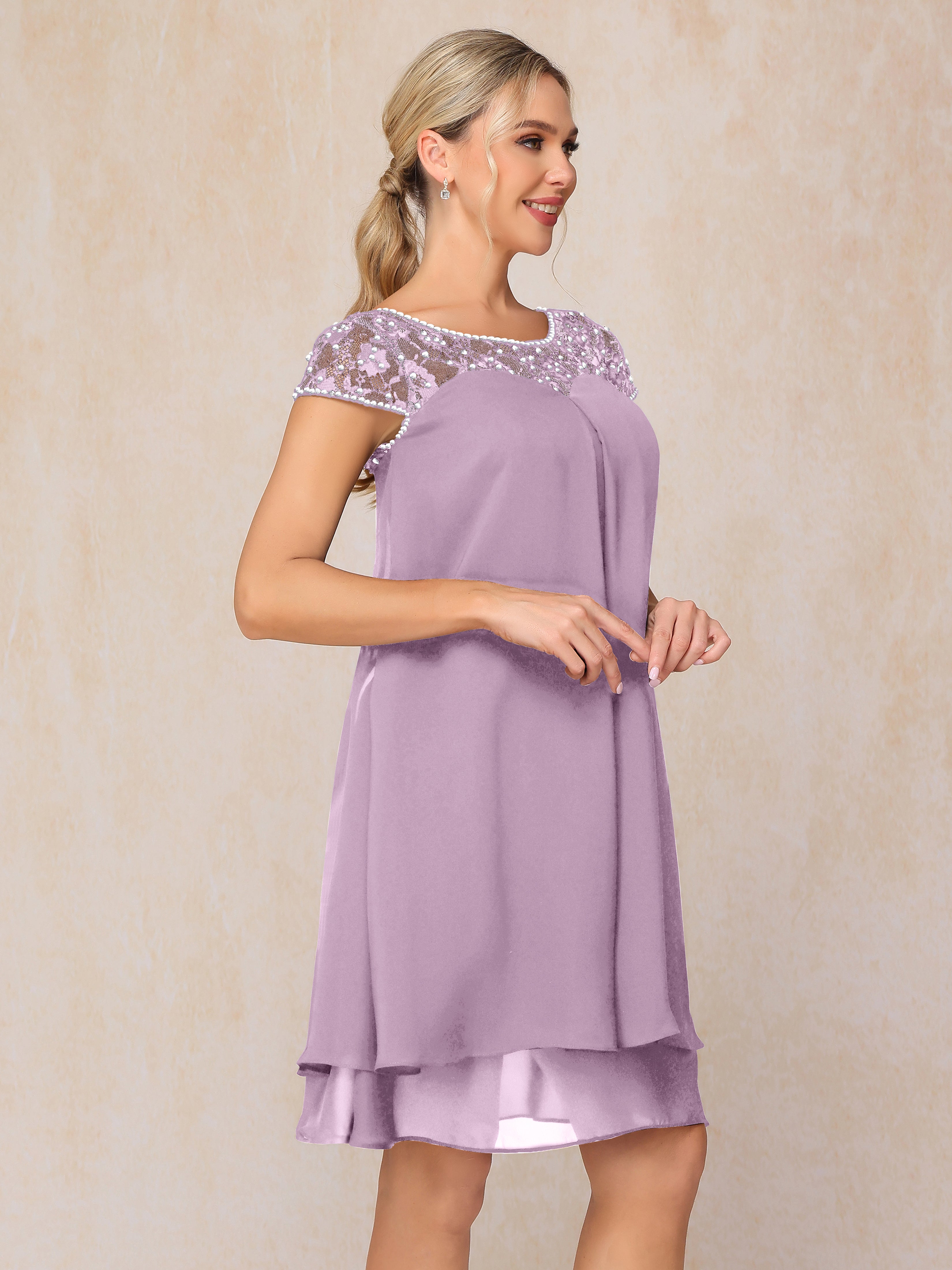 Cap Sleeves Beading Knee Length Chiffon Lace Mother Of The Bride Dress