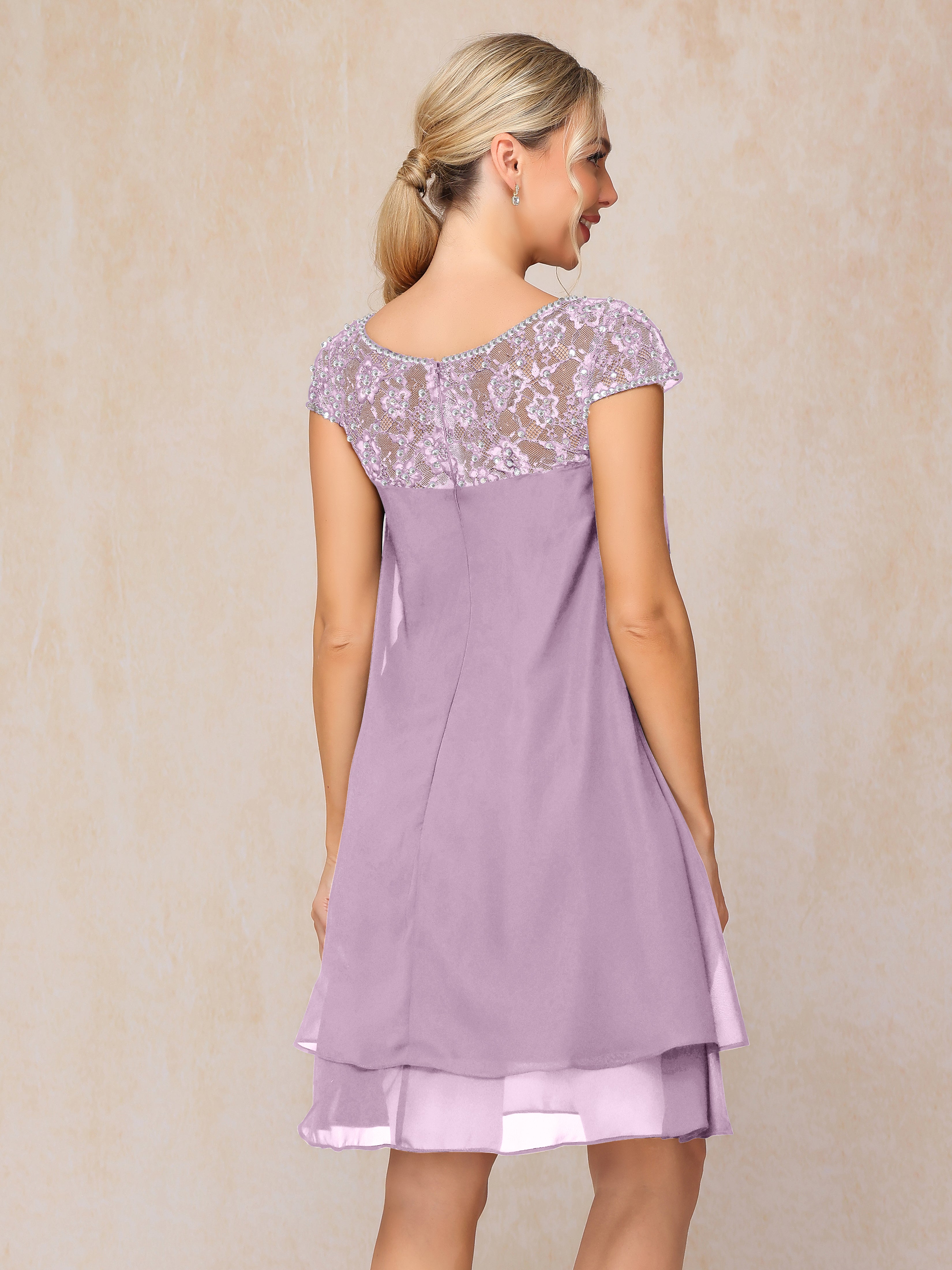 Cap Sleeves Beading Knee Length Chiffon Lace Mother Of The Bride Dress