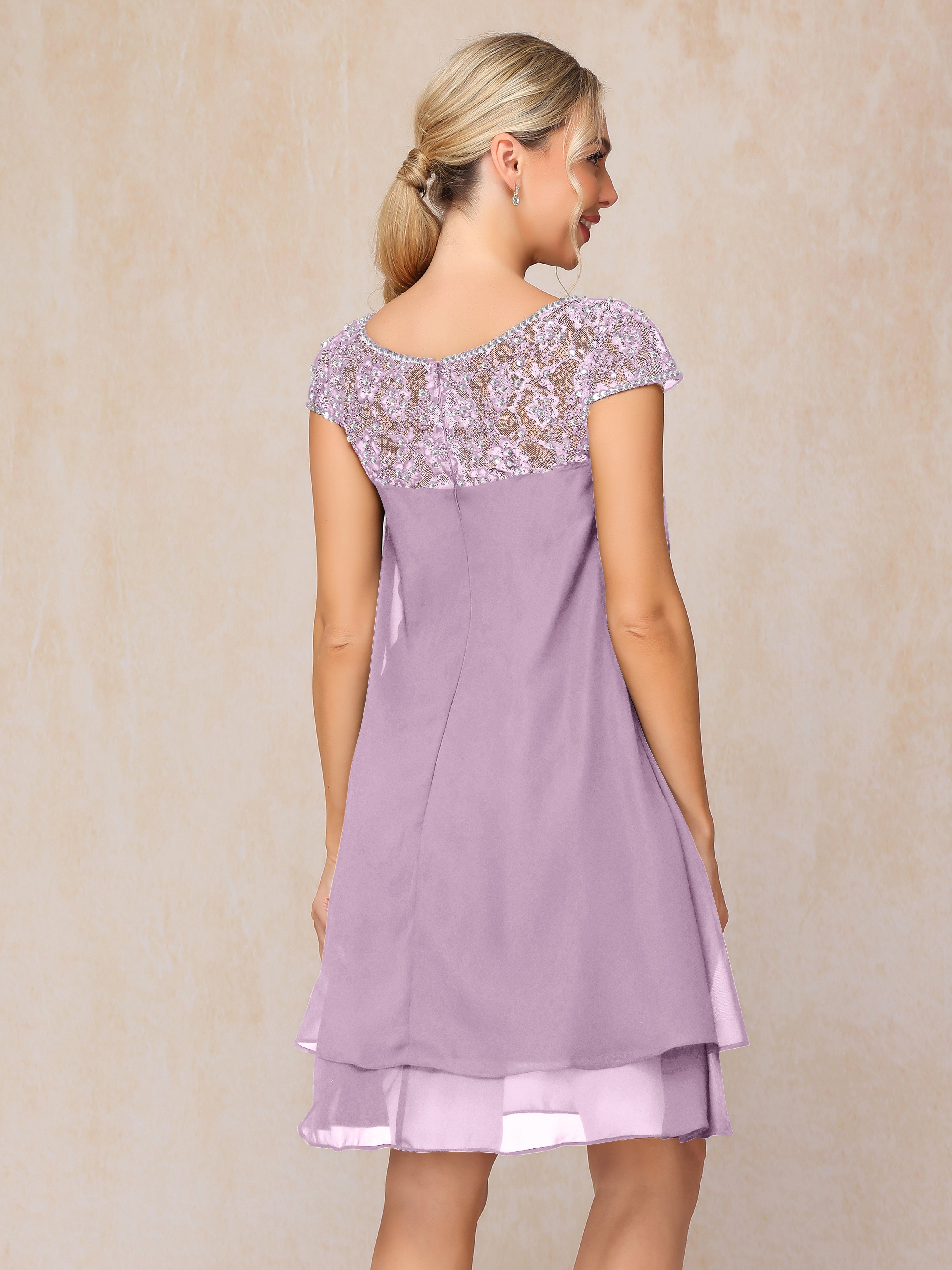 Cap Sleeves Beading Knee Length Chiffon Lace Mother Of The  Groom Dress