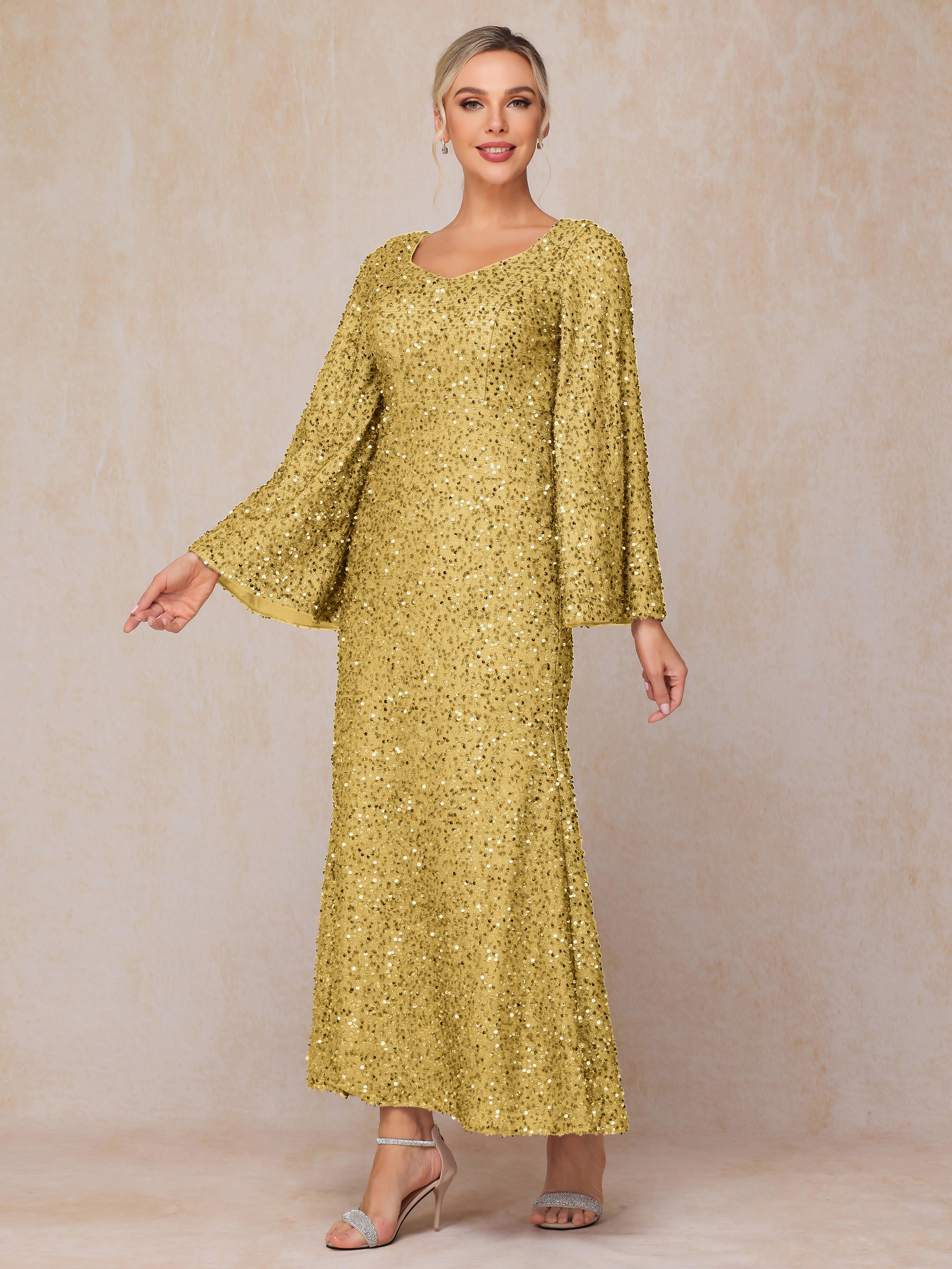 Long Sleeves Sequins Ankle Length Mother Of The Bride Dress