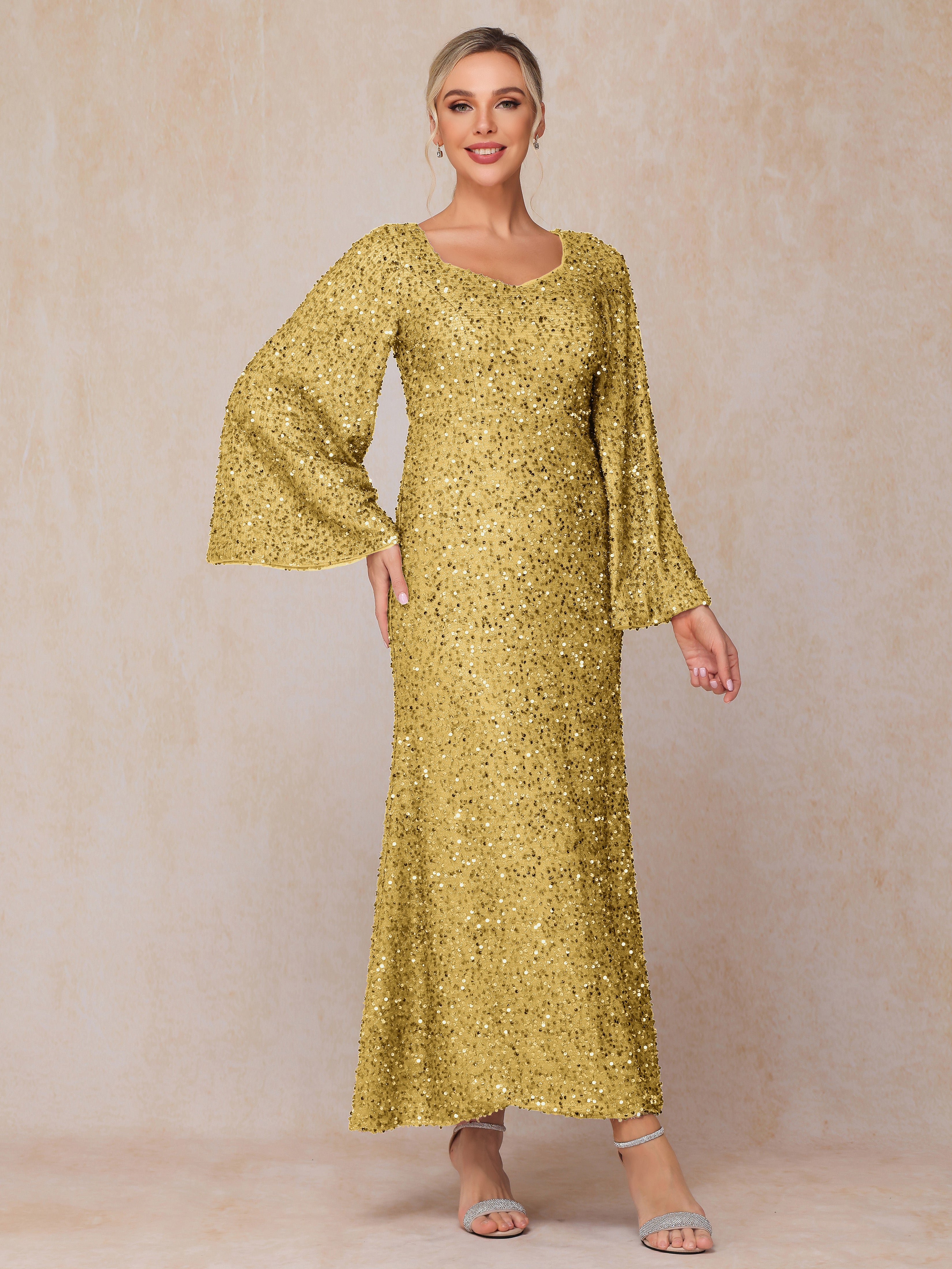 Long Sleeves Sequins Ankle Length Mother Of The Bride Dress