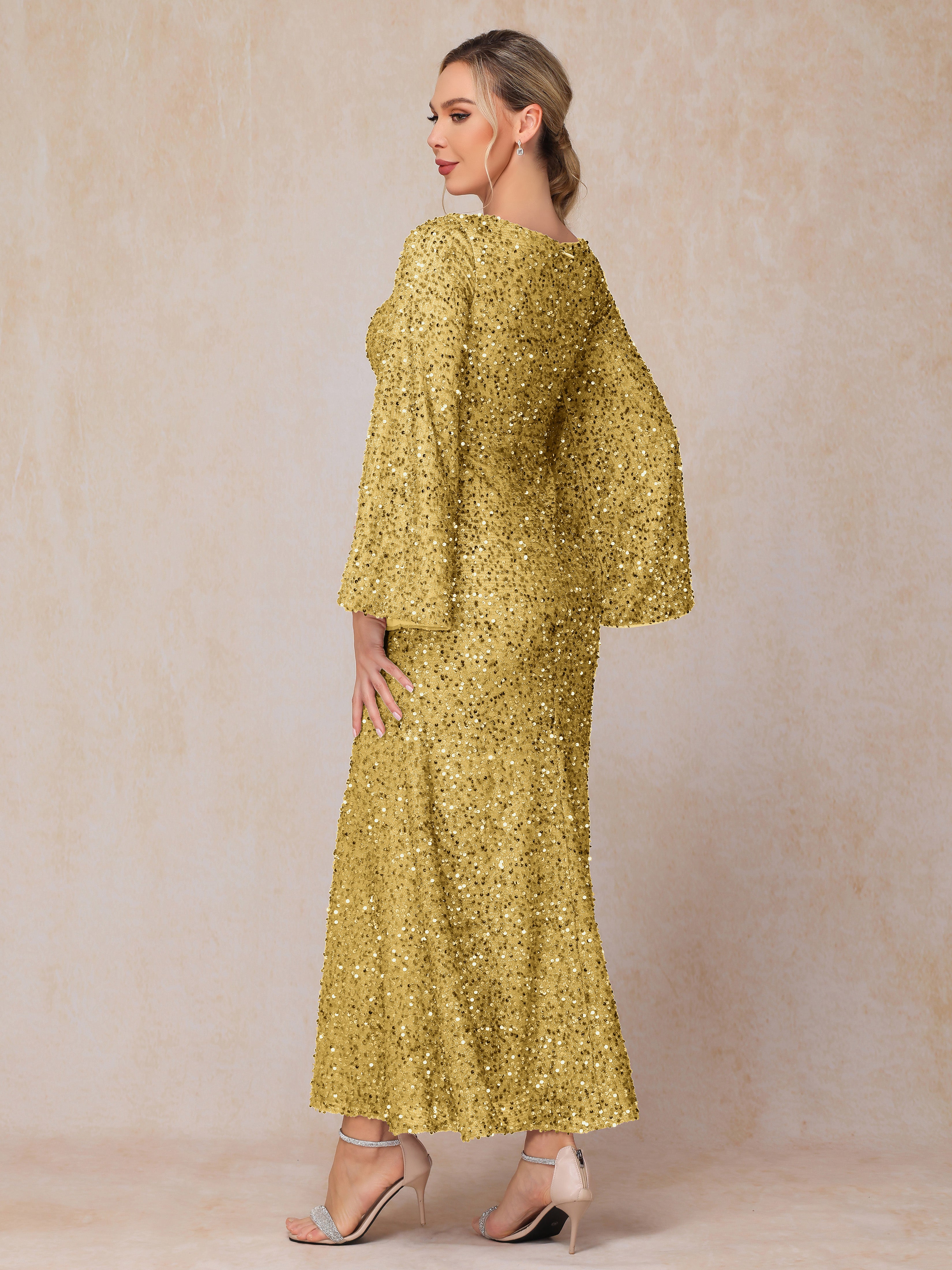 Long Sleeves Sequins Ankle Length Mother Of The Bride Dress