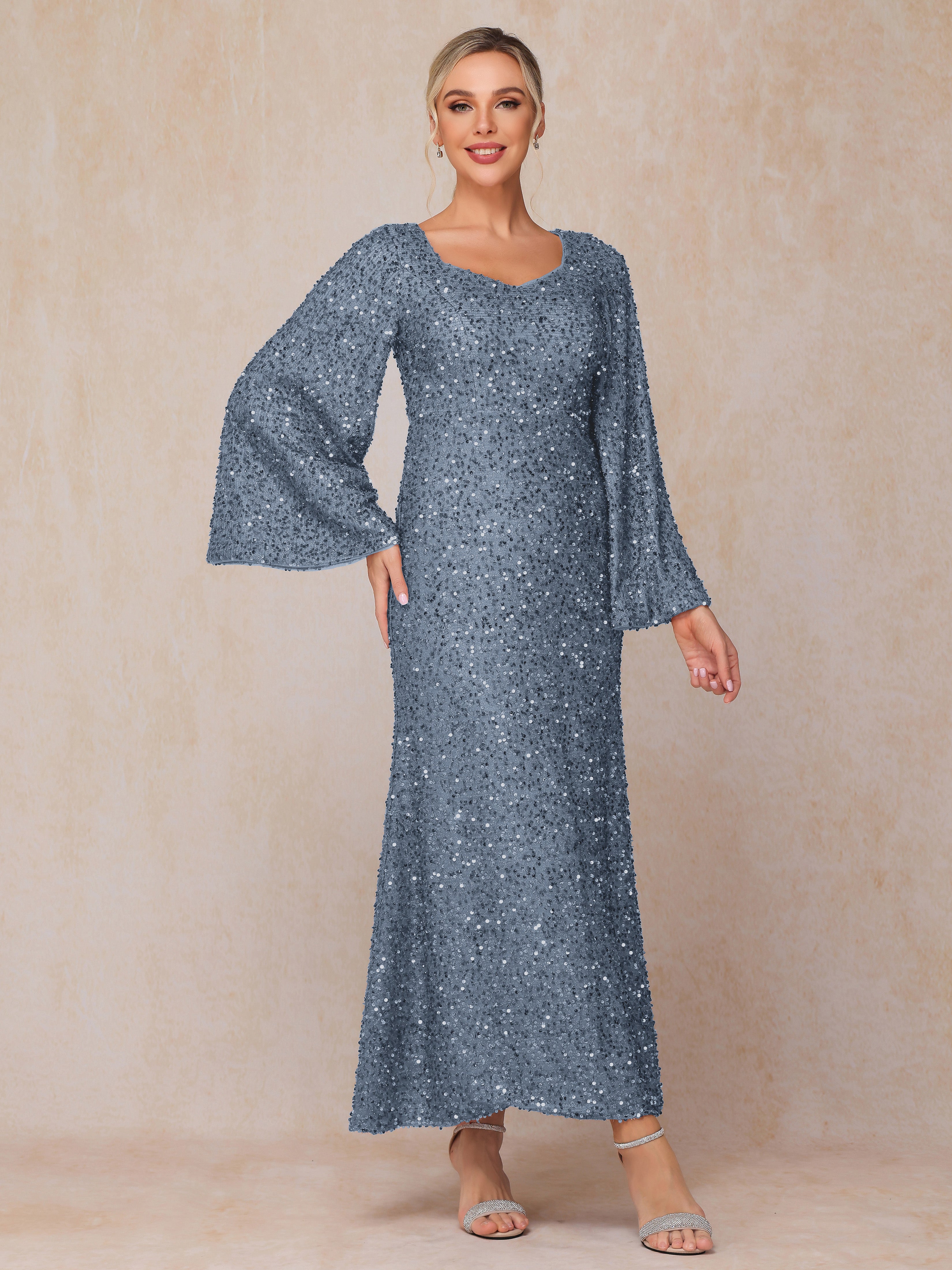 Long Sleeves Sequins Ankle Length Mother Of The Bride Dress