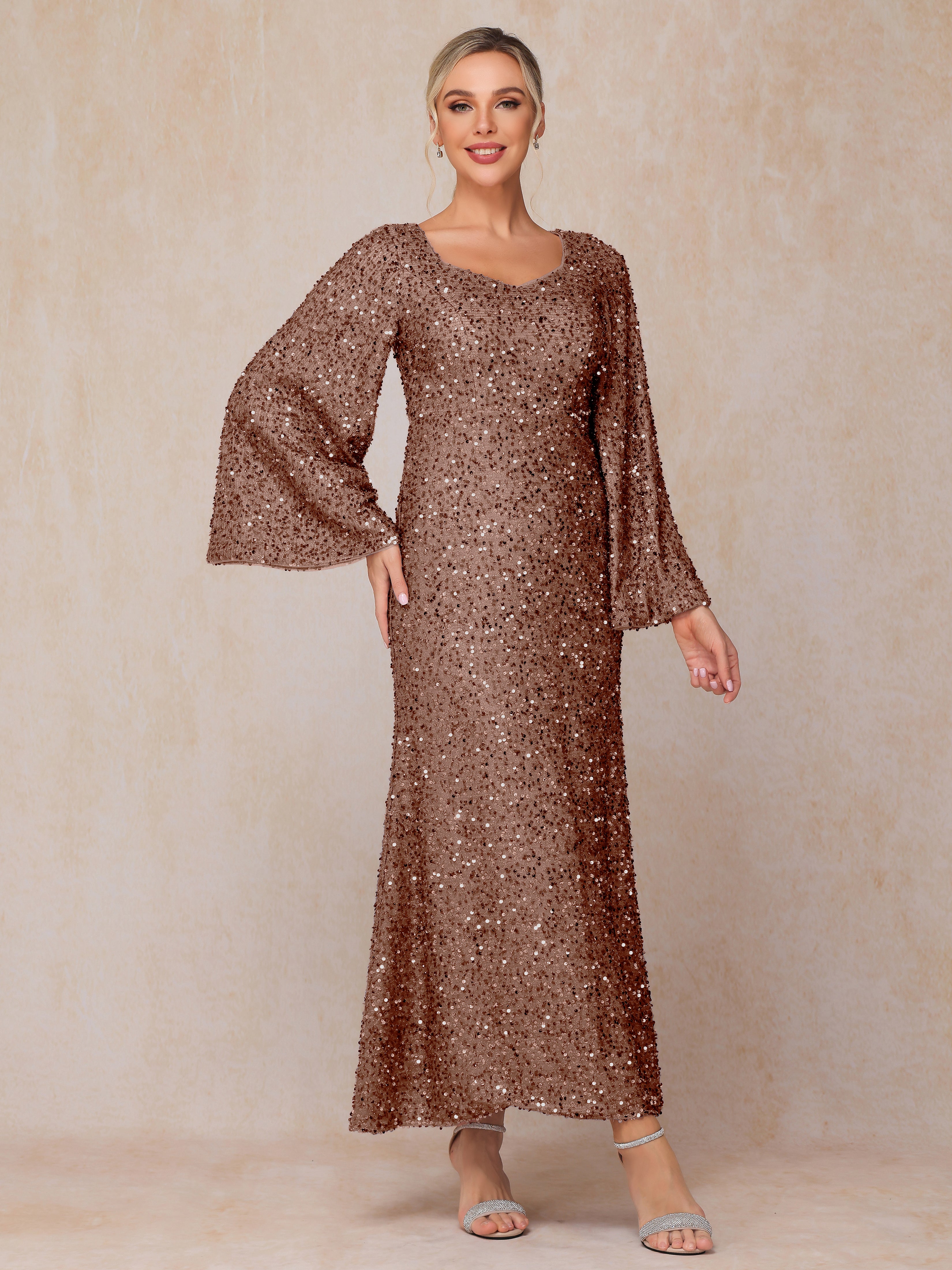 Long Sleeves Sequins Ankle Length Mother Of The Bride Dress