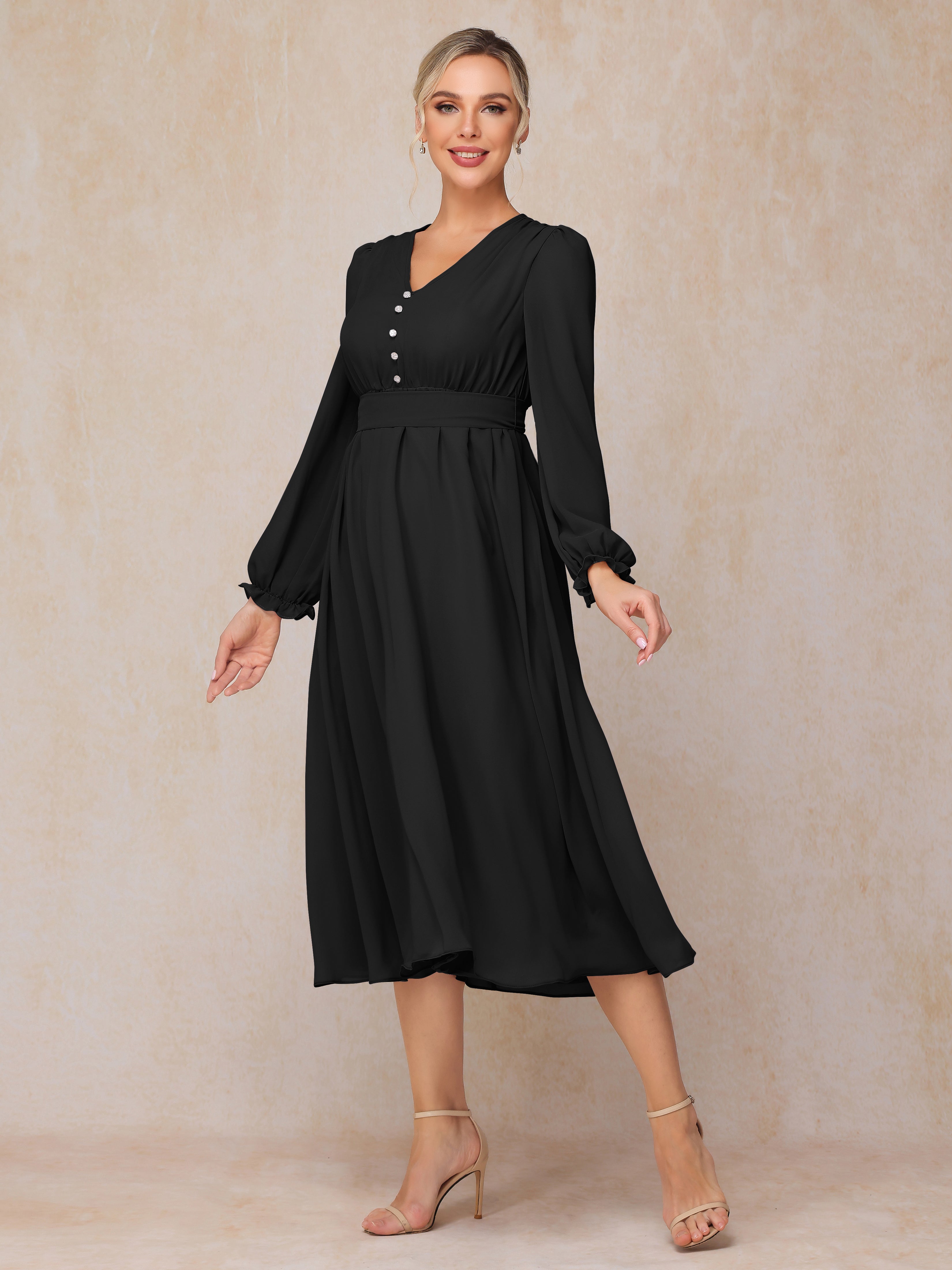 V Neck Long Sleeves Tea Length Chiffon Mother Of The  Groom Dress