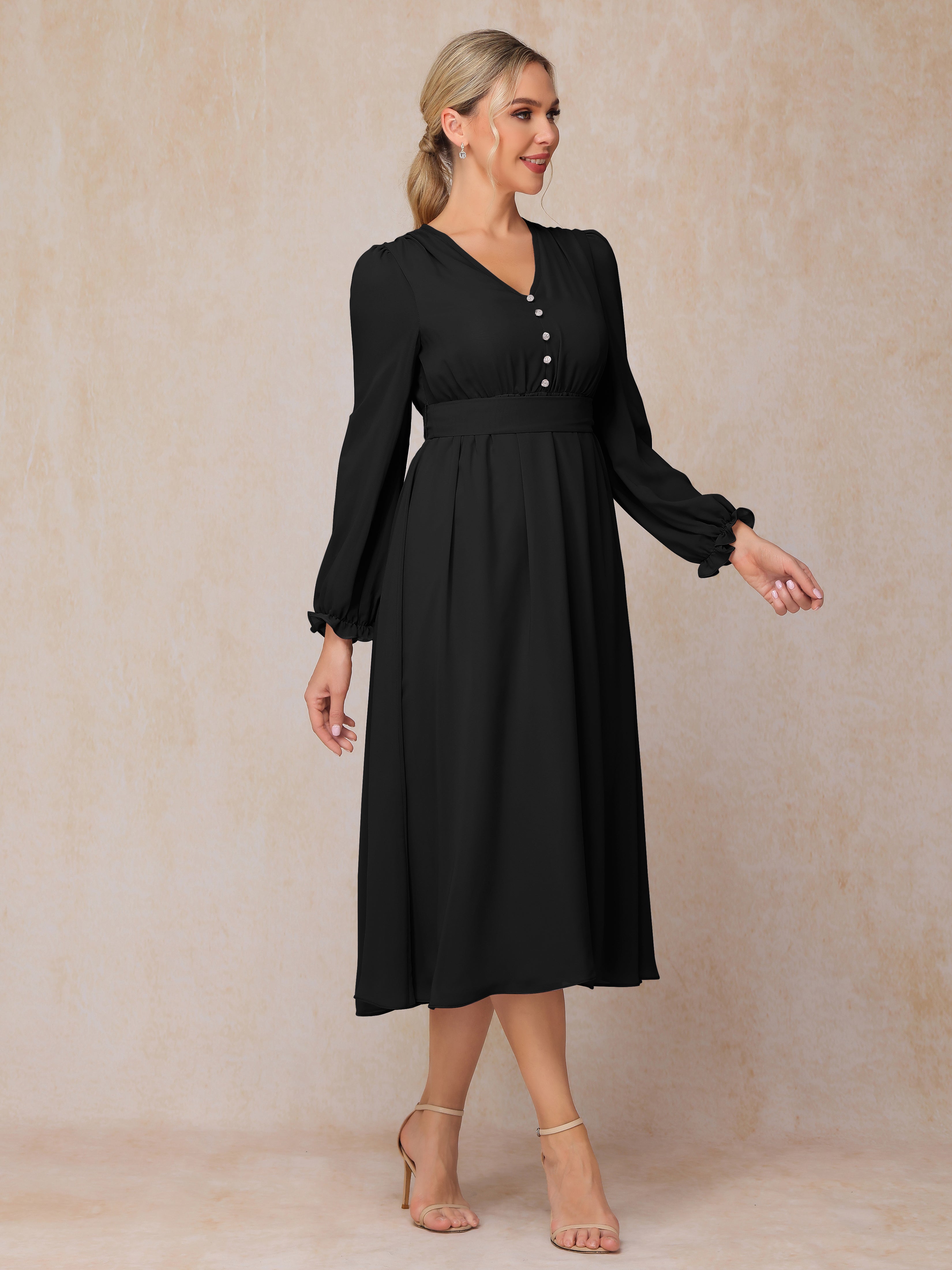 V Neck Long Sleeves Tea Length Chiffon Mother Of The  Groom Dress