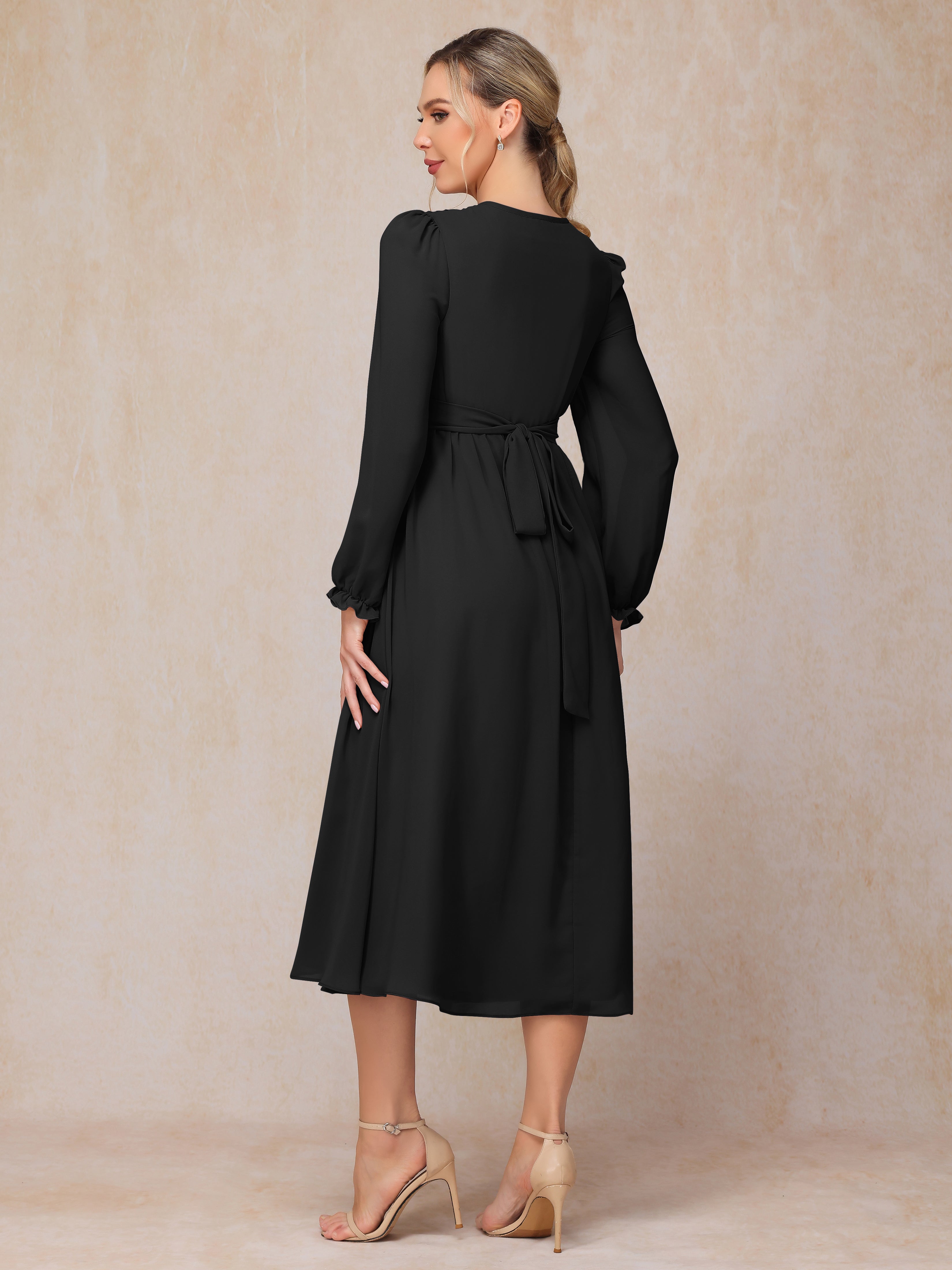 V Neck Long Sleeves Tea Length Chiffon Mother Of The  Groom Dress