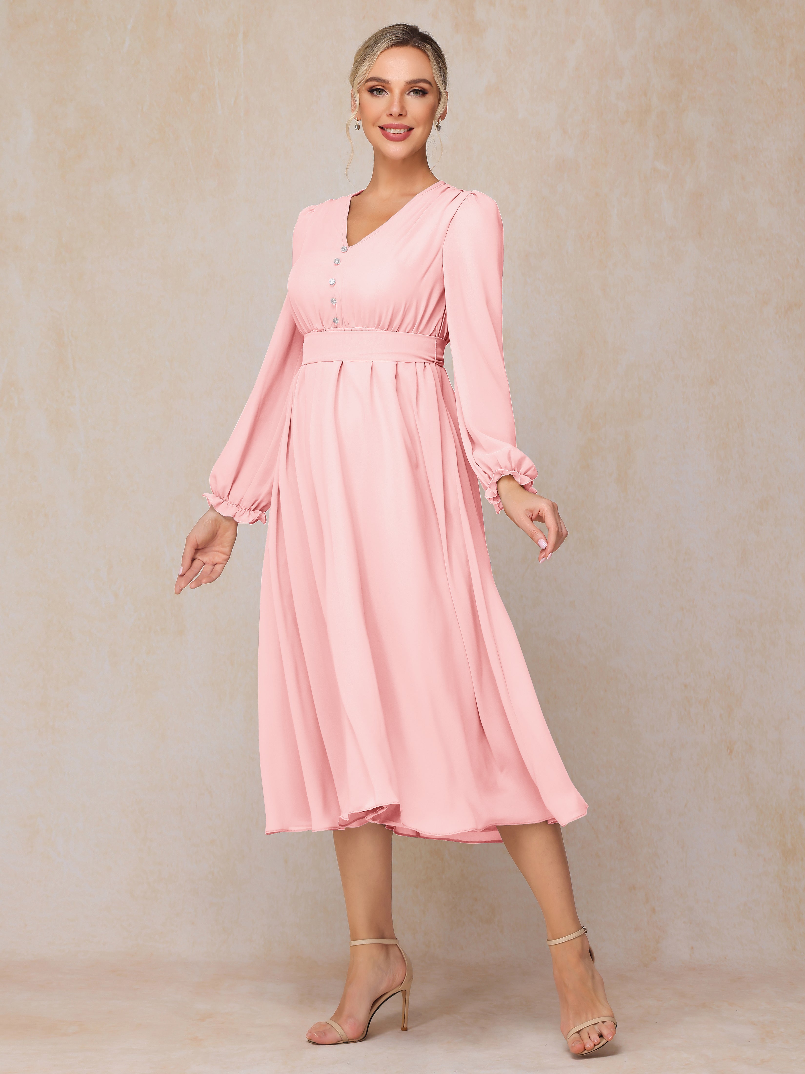 Long Sleeves V-neck Tea Length Chiffon Wedding Guest Dresses