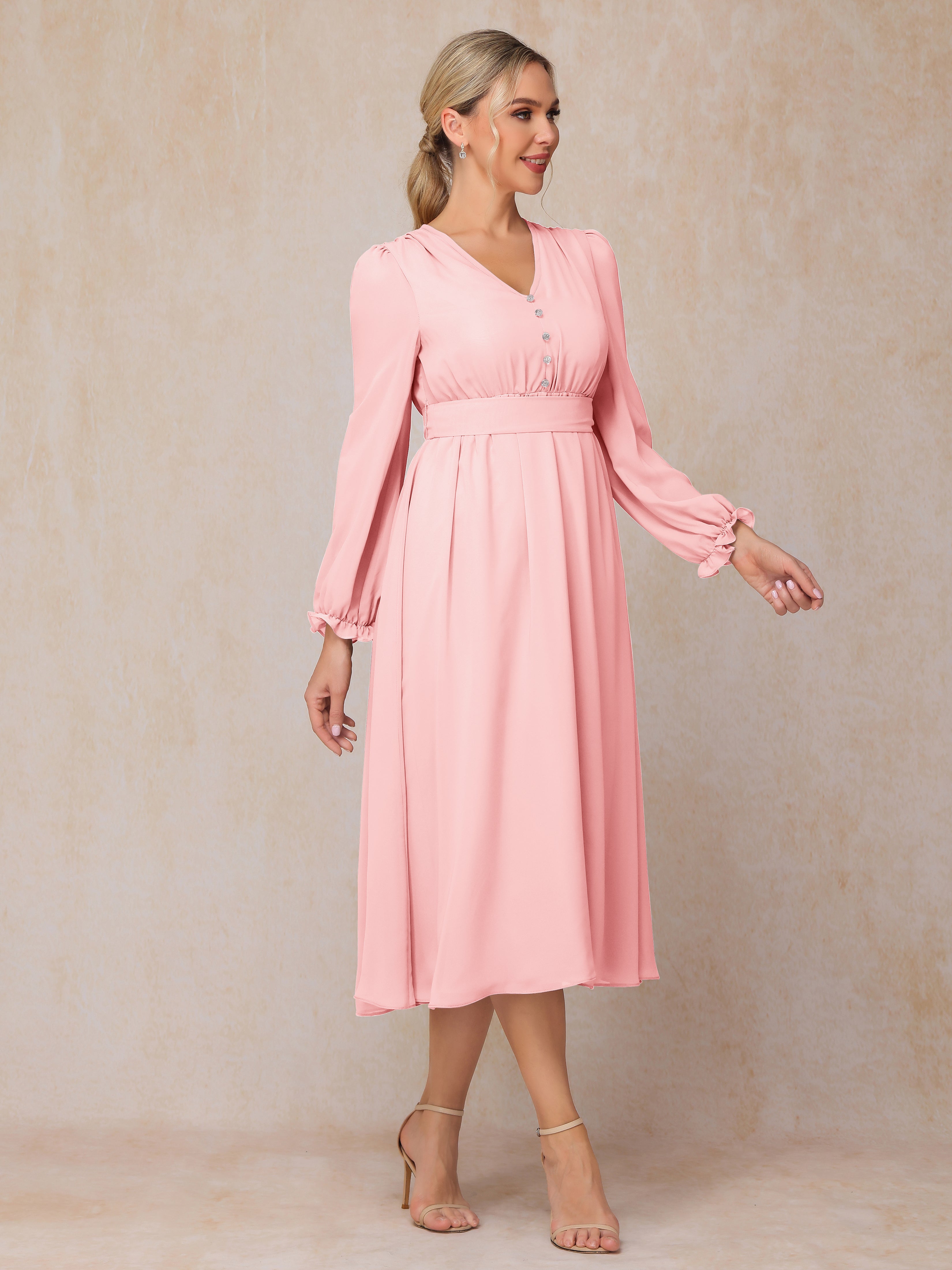 V Neck Long Sleeves Tea Length Chiffon Mother Of The  Groom Dress