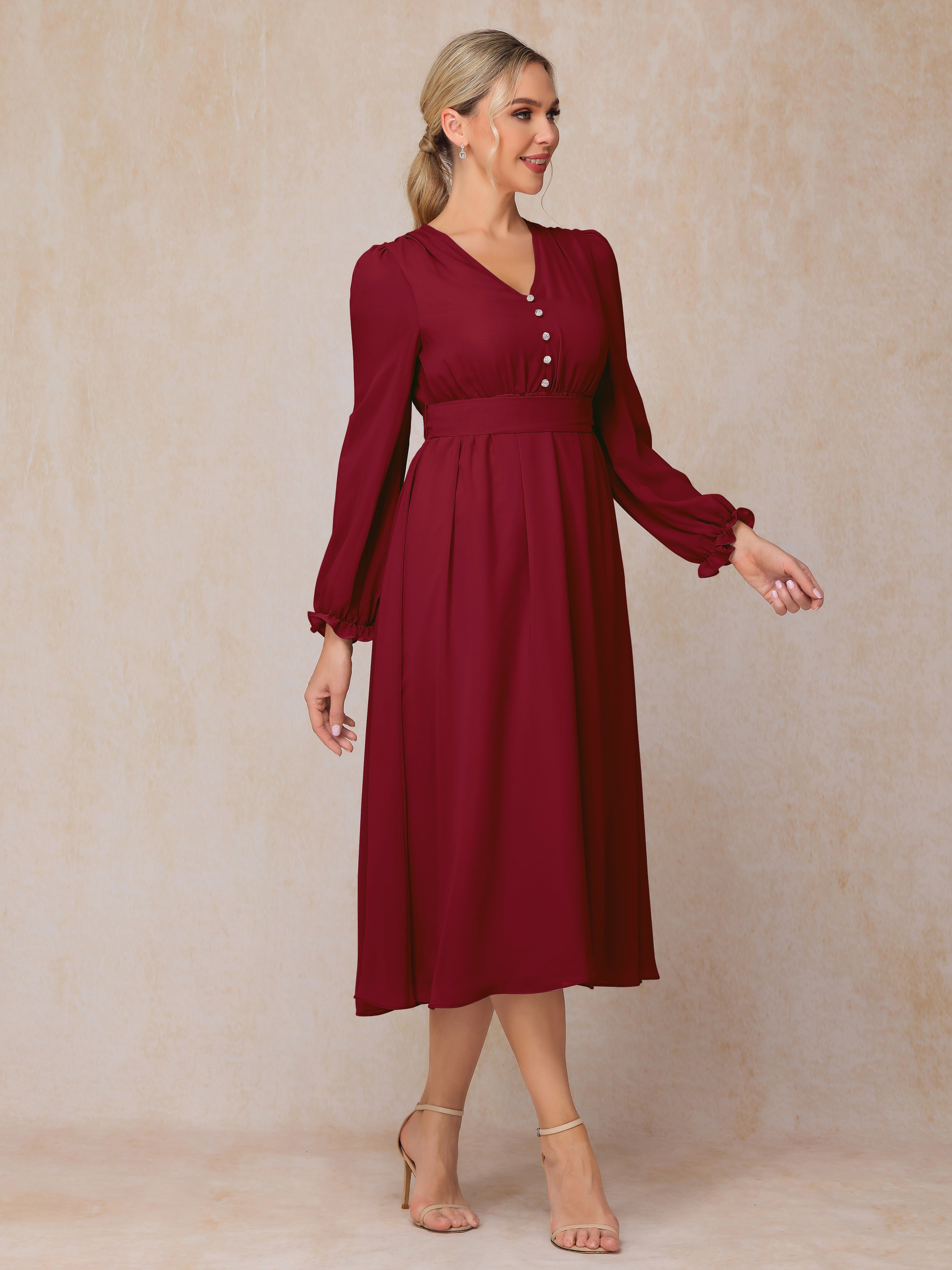 V Neck Long Sleeves Tea Length Chiffon Mother Of The  Groom Dress