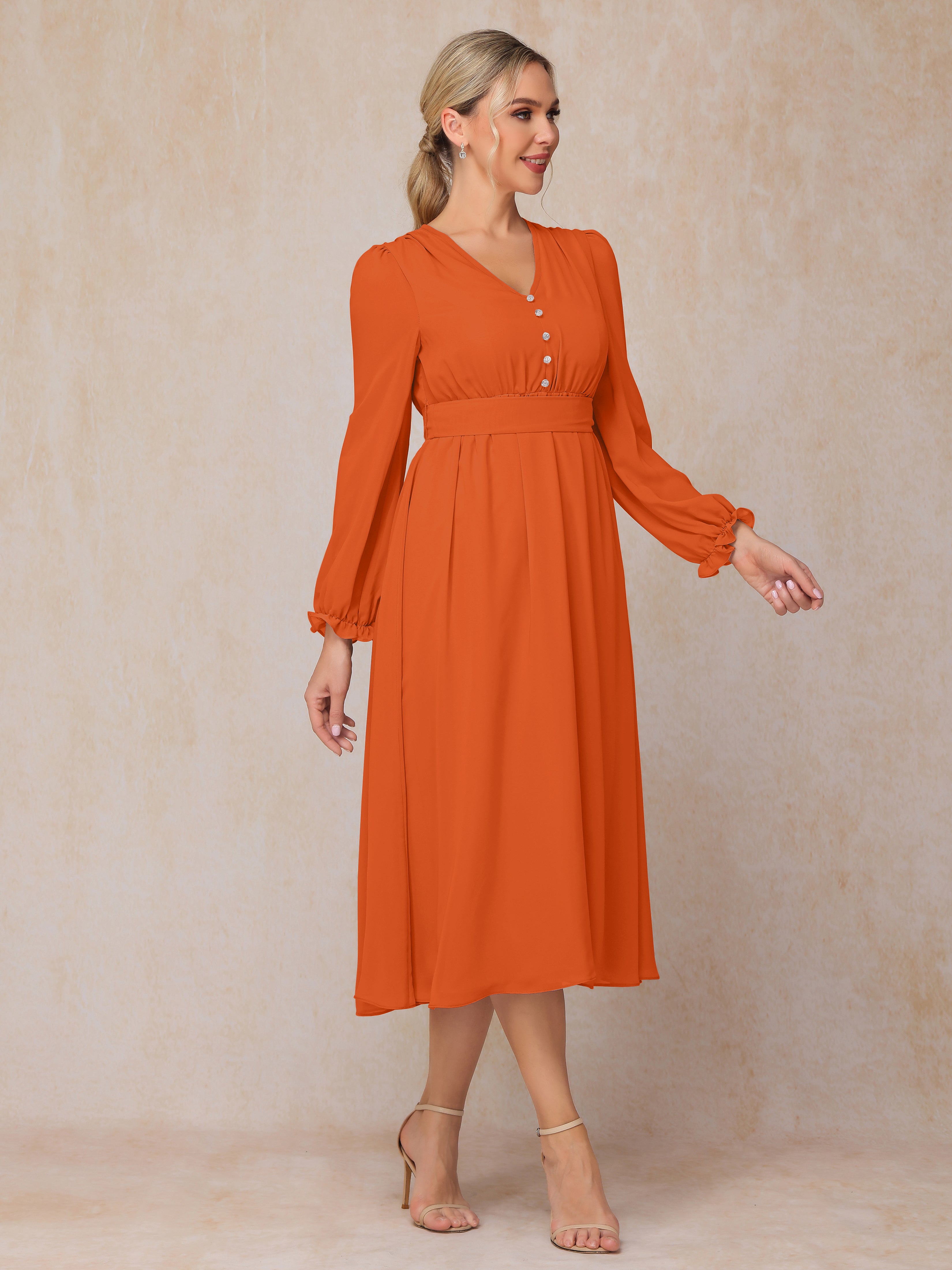 V Neck Long Sleeves Tea Length Chiffon Mother Of The  Groom Dress