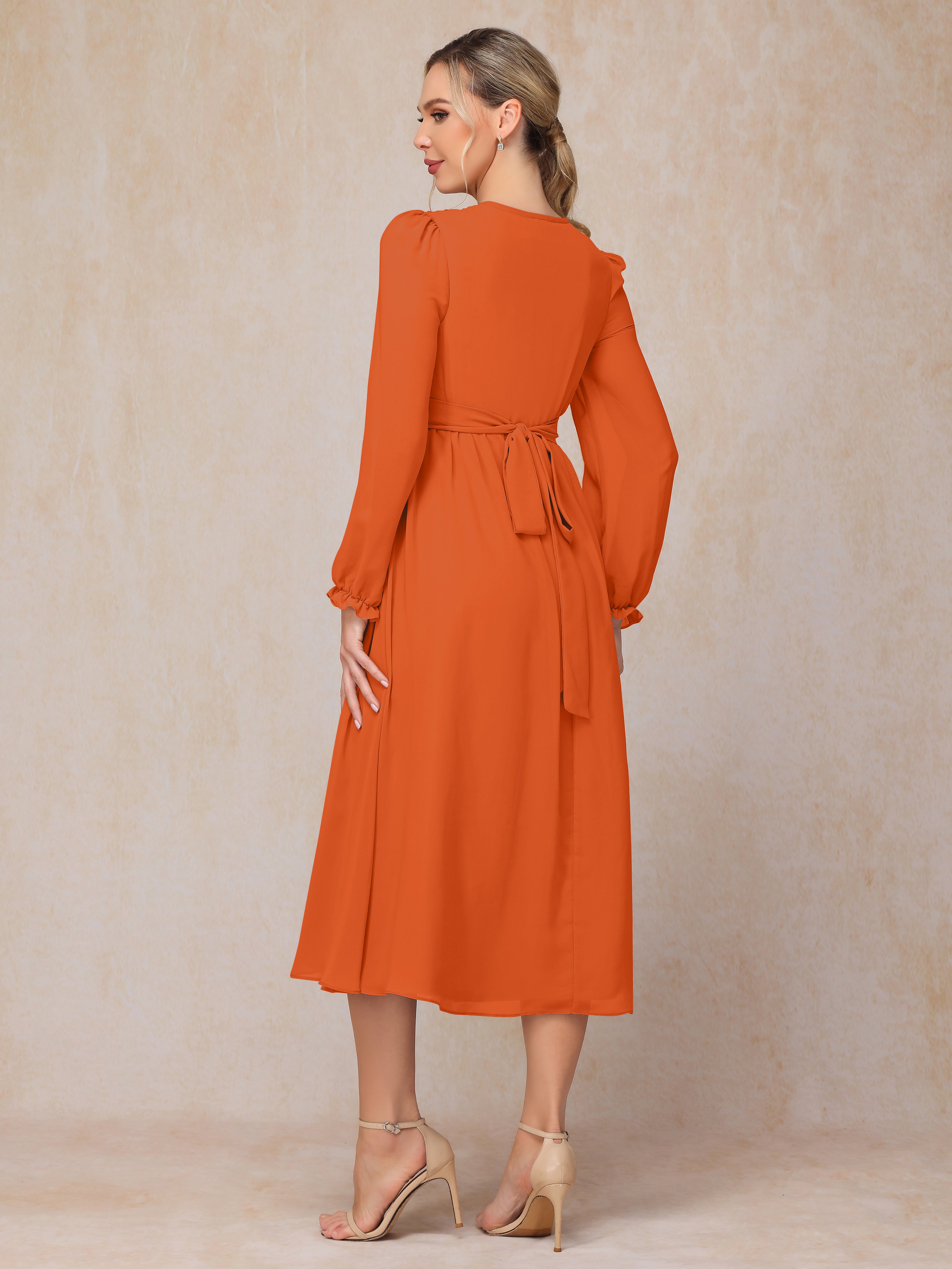 V Neck Long Sleeves Tea Length Chiffon Mother Of The  Groom Dress