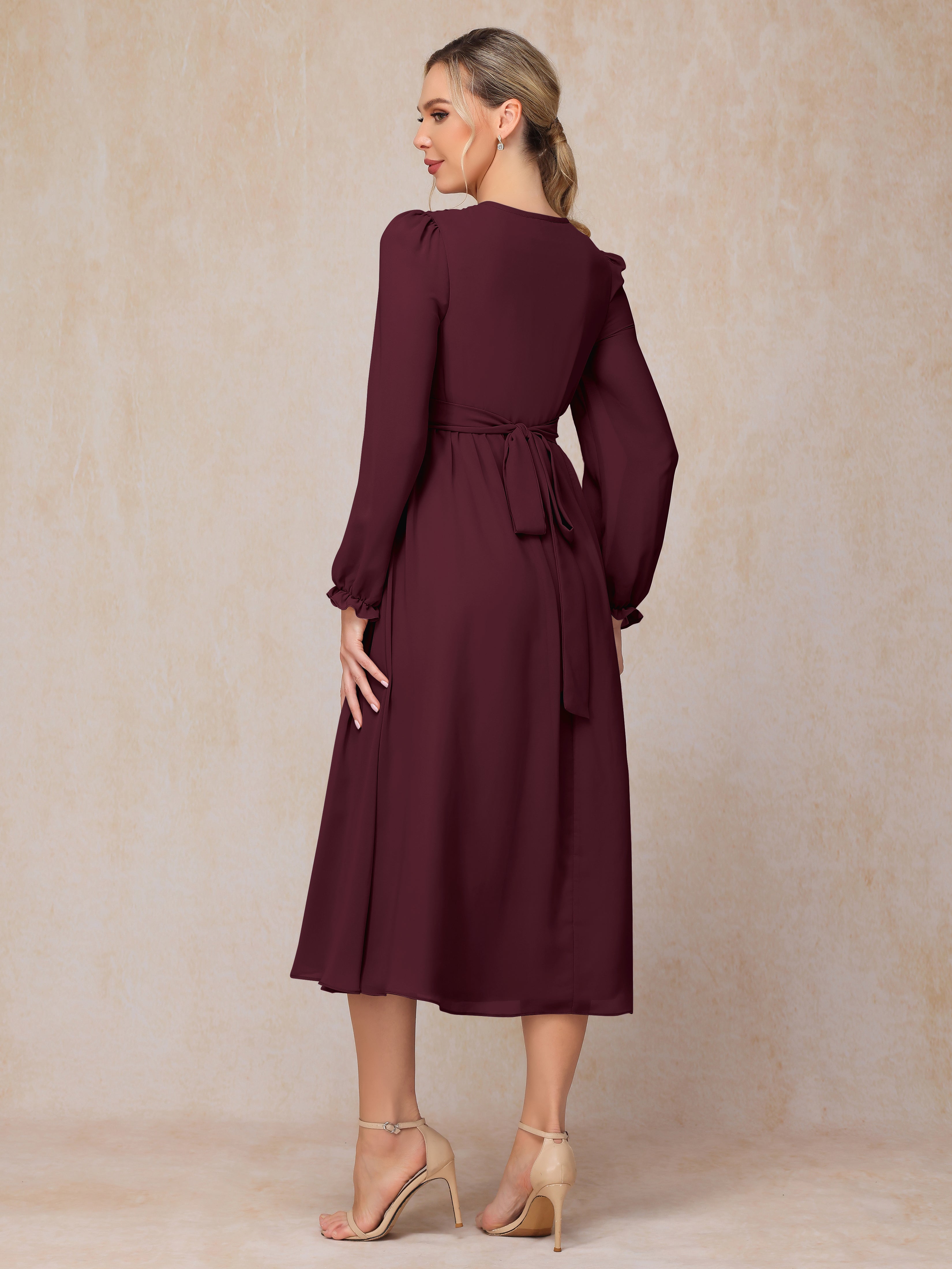 V Neck Long Sleeves Tea Length Chiffon Mother Of The  Groom Dress