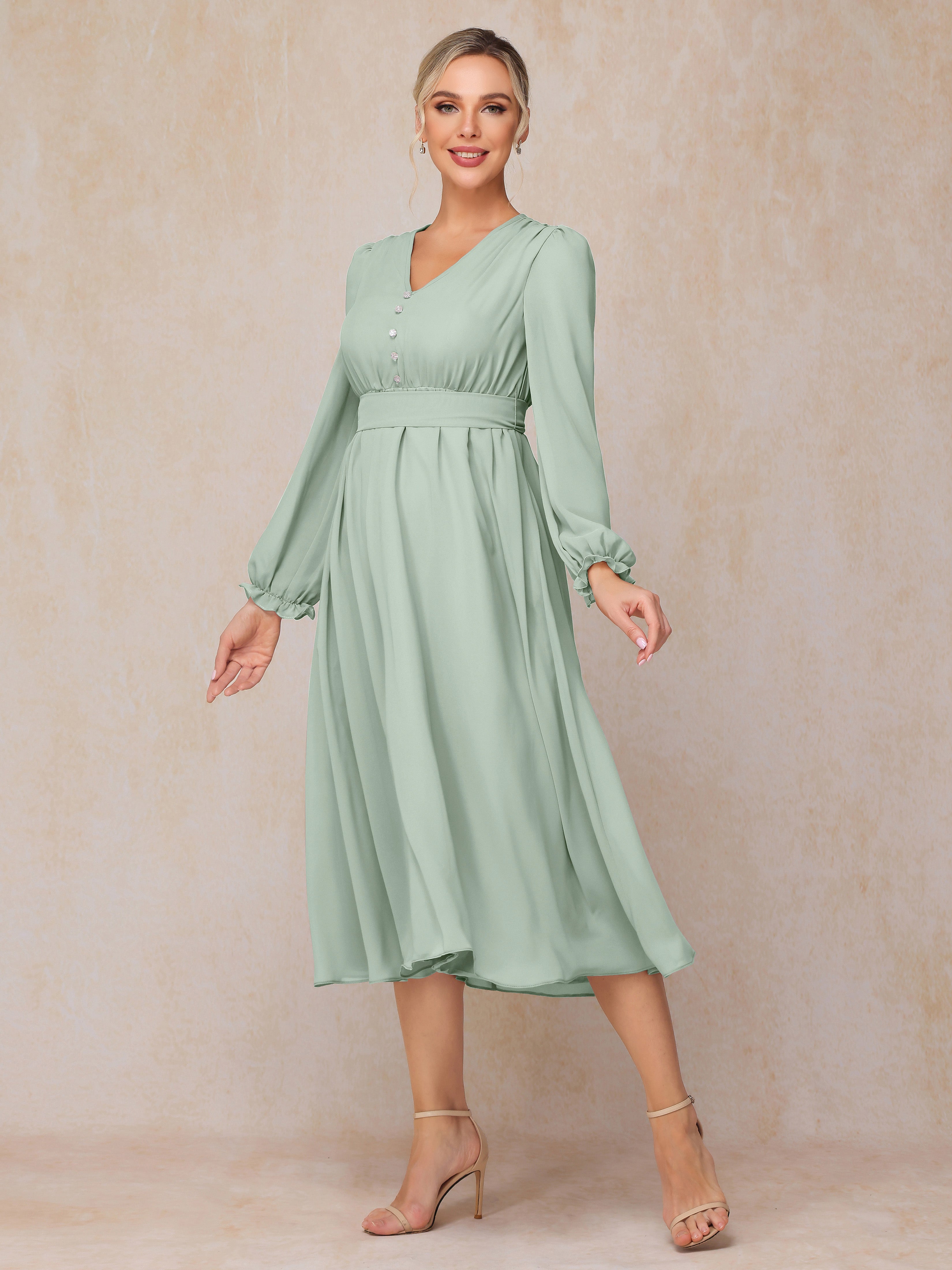 V Neck Long Sleeves Tea Length Chiffon Mother Of The  Groom Dress