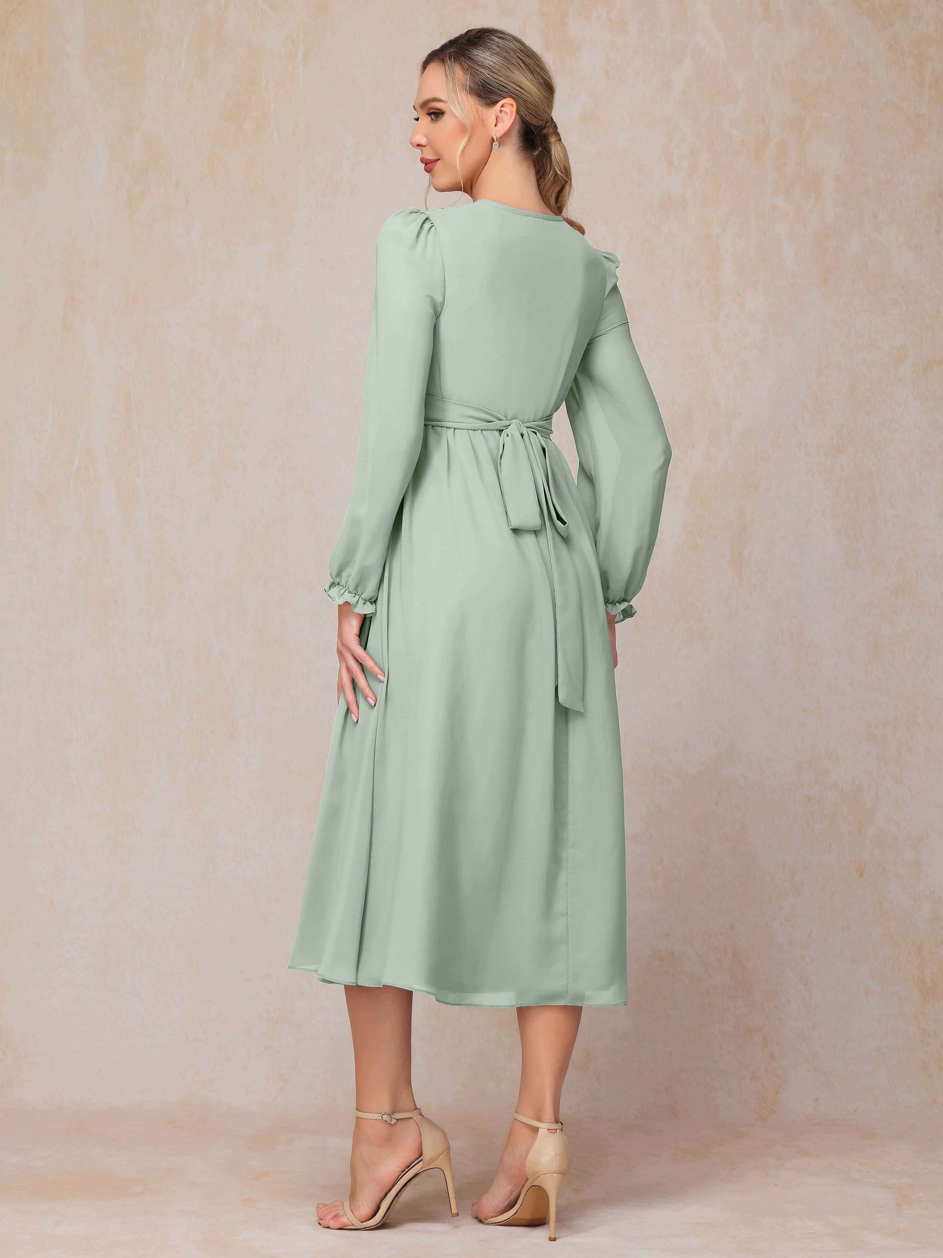 V Neck Long Sleeves Tea Length Chiffon Mother Of The  Groom Dress