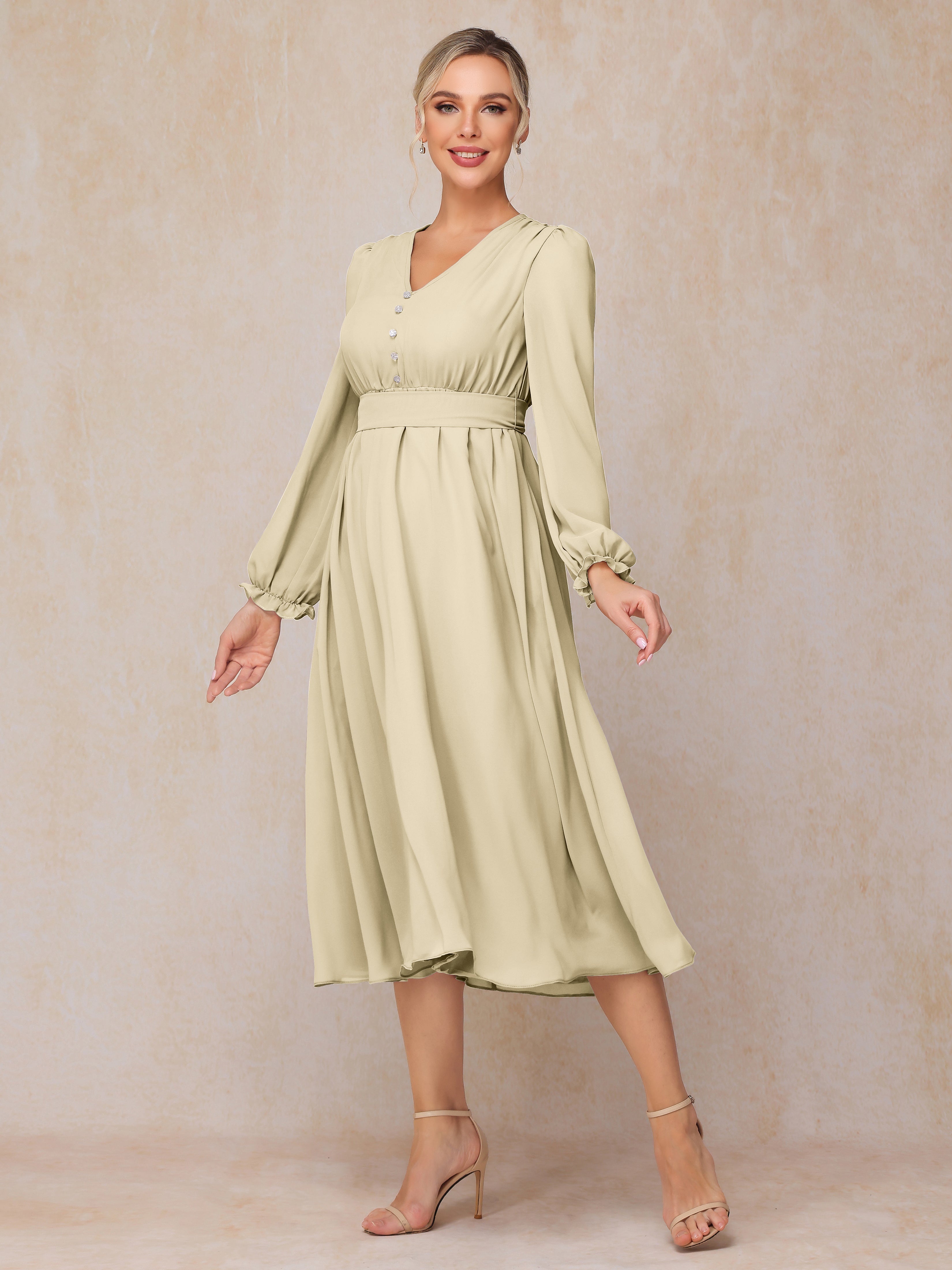 V Neck Long Sleeves Tea Length Chiffon Mother Of The  Groom Dress