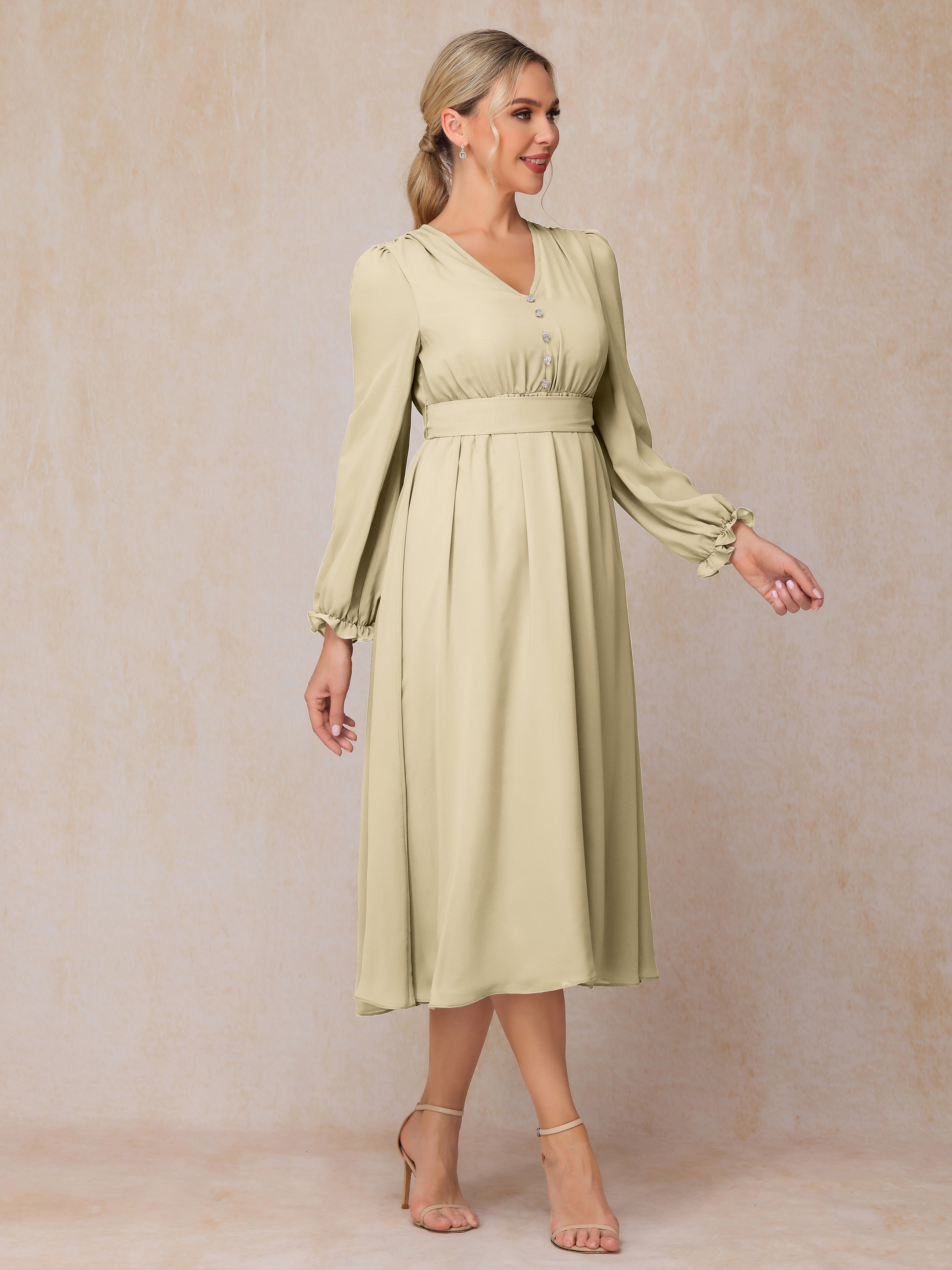 V Neck Long Sleeves Tea Length Chiffon Mother Of The  Groom Dress