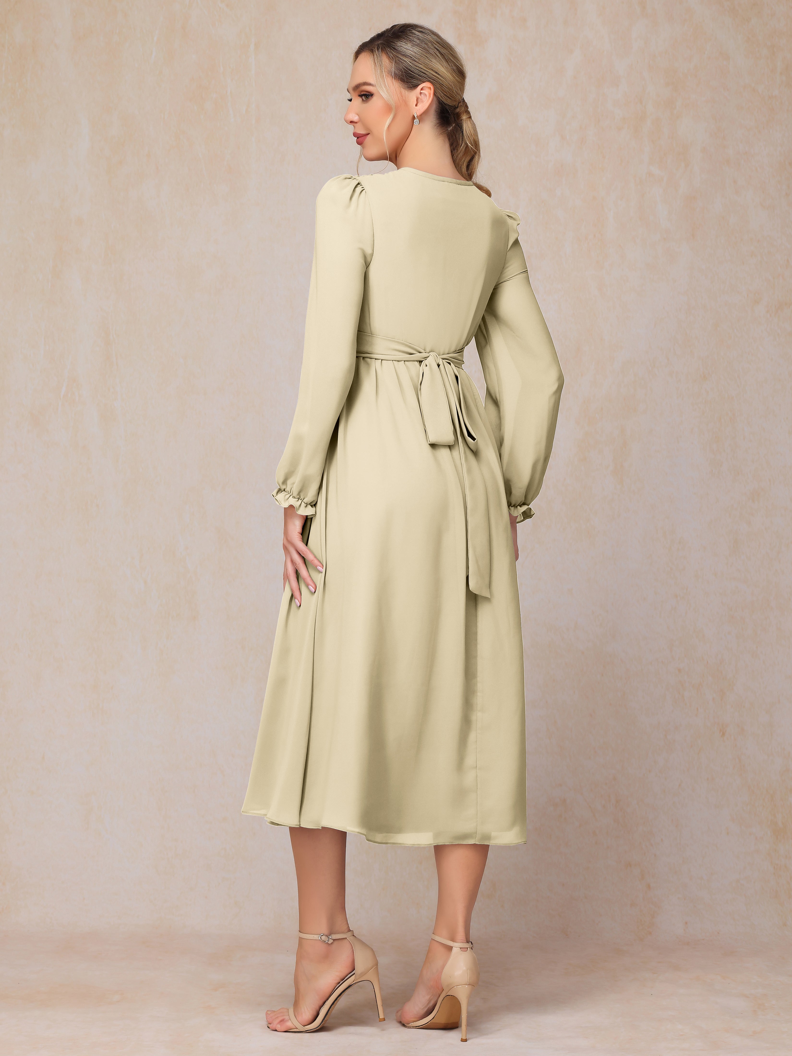 V Neck Long Sleeves Tea Length Chiffon Mother Of The  Groom Dress