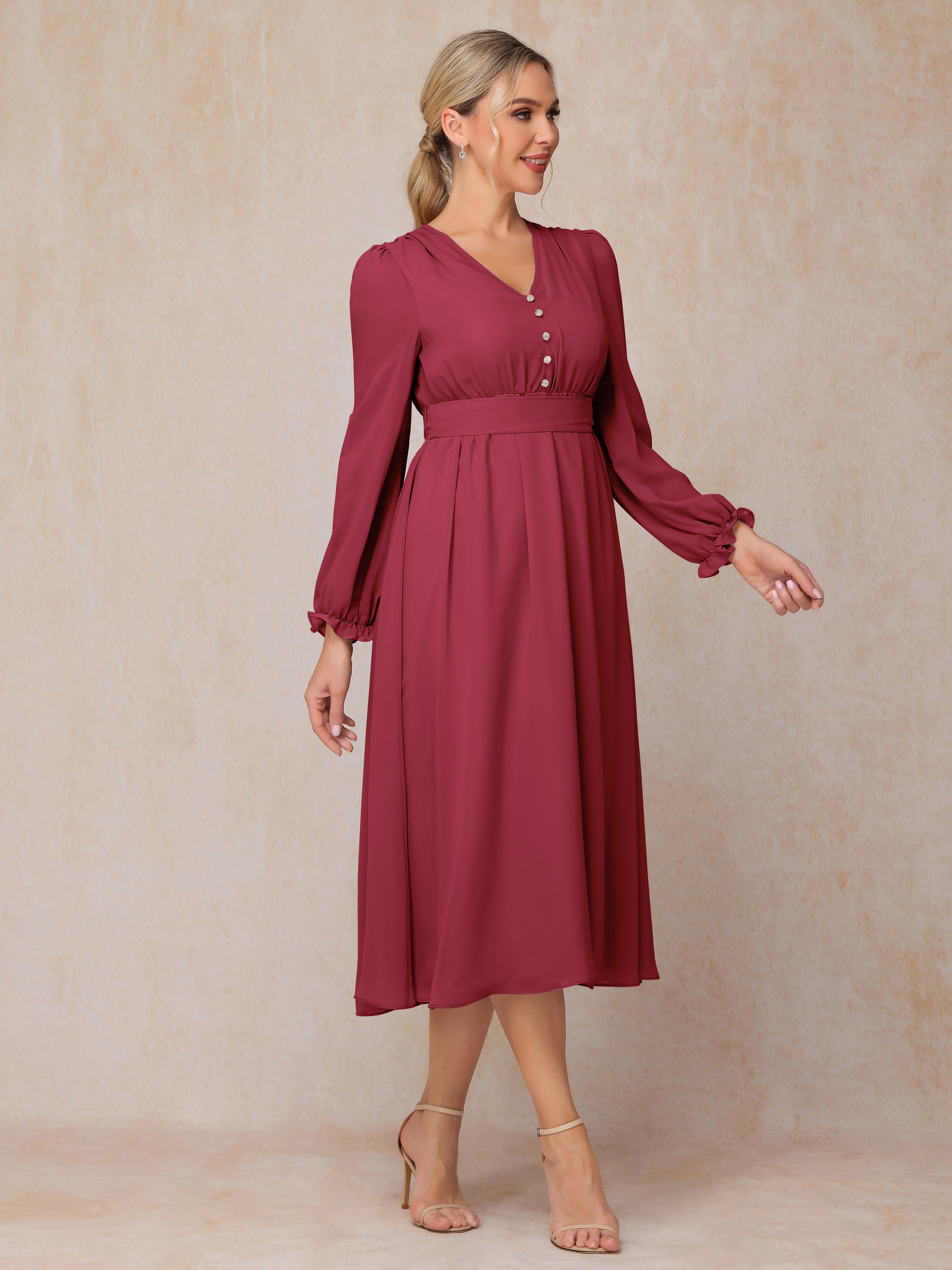 V Neck Long Sleeves Tea Length Chiffon Mother Of The  Groom Dress