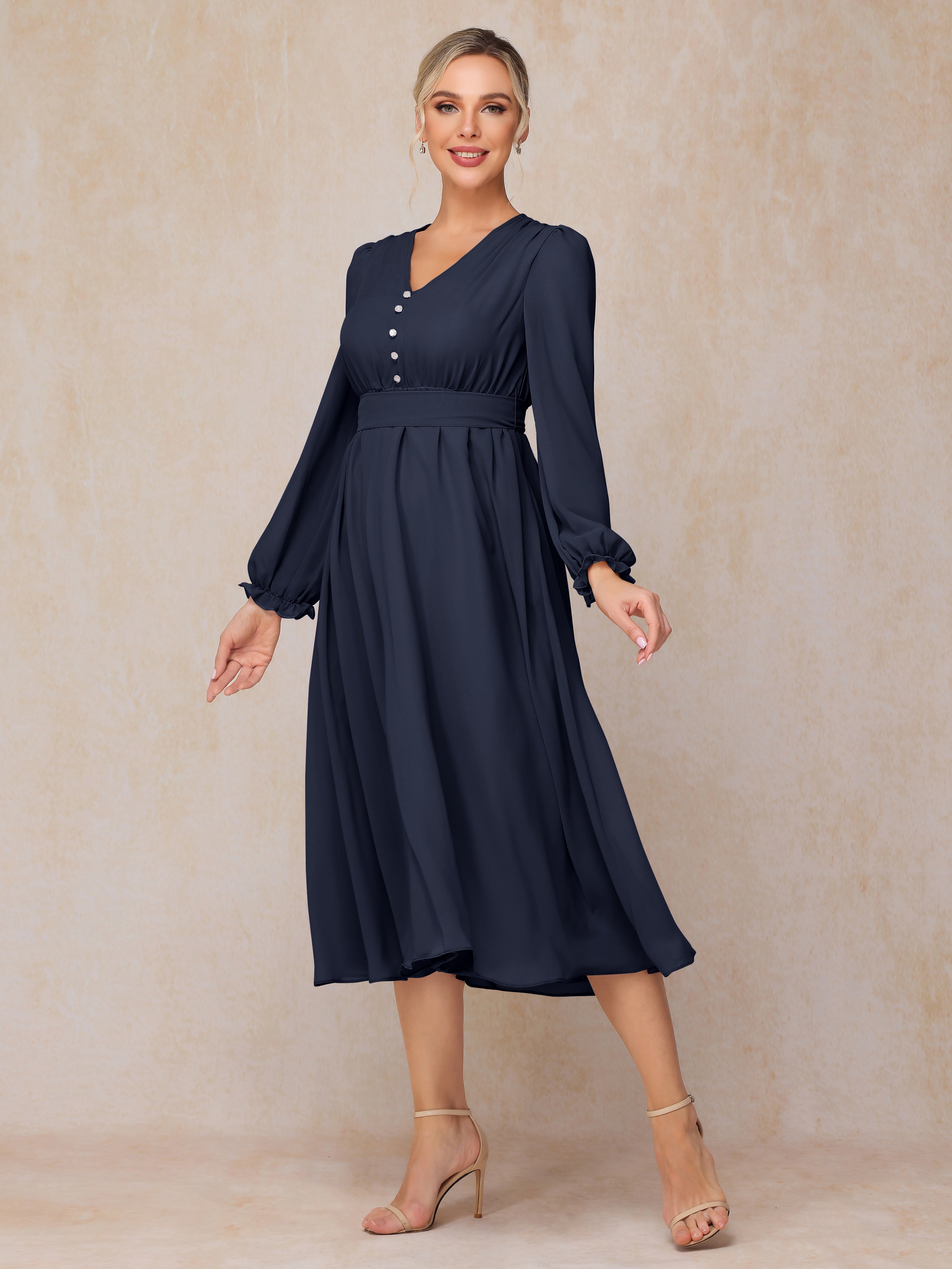 V Neck Long Sleeves Tea Length Chiffon Mother Of The  Groom Dress