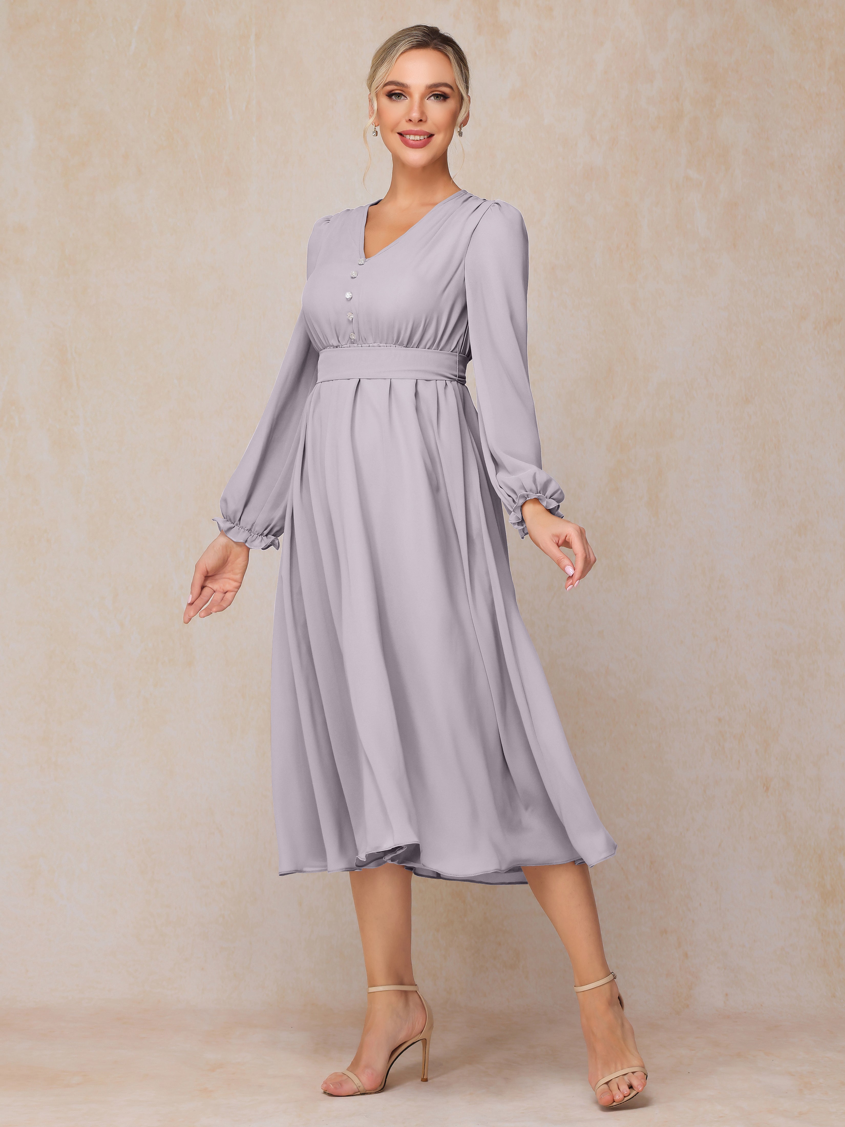 V Neck Long Sleeves Tea Length Chiffon Mother Of The  Groom Dress