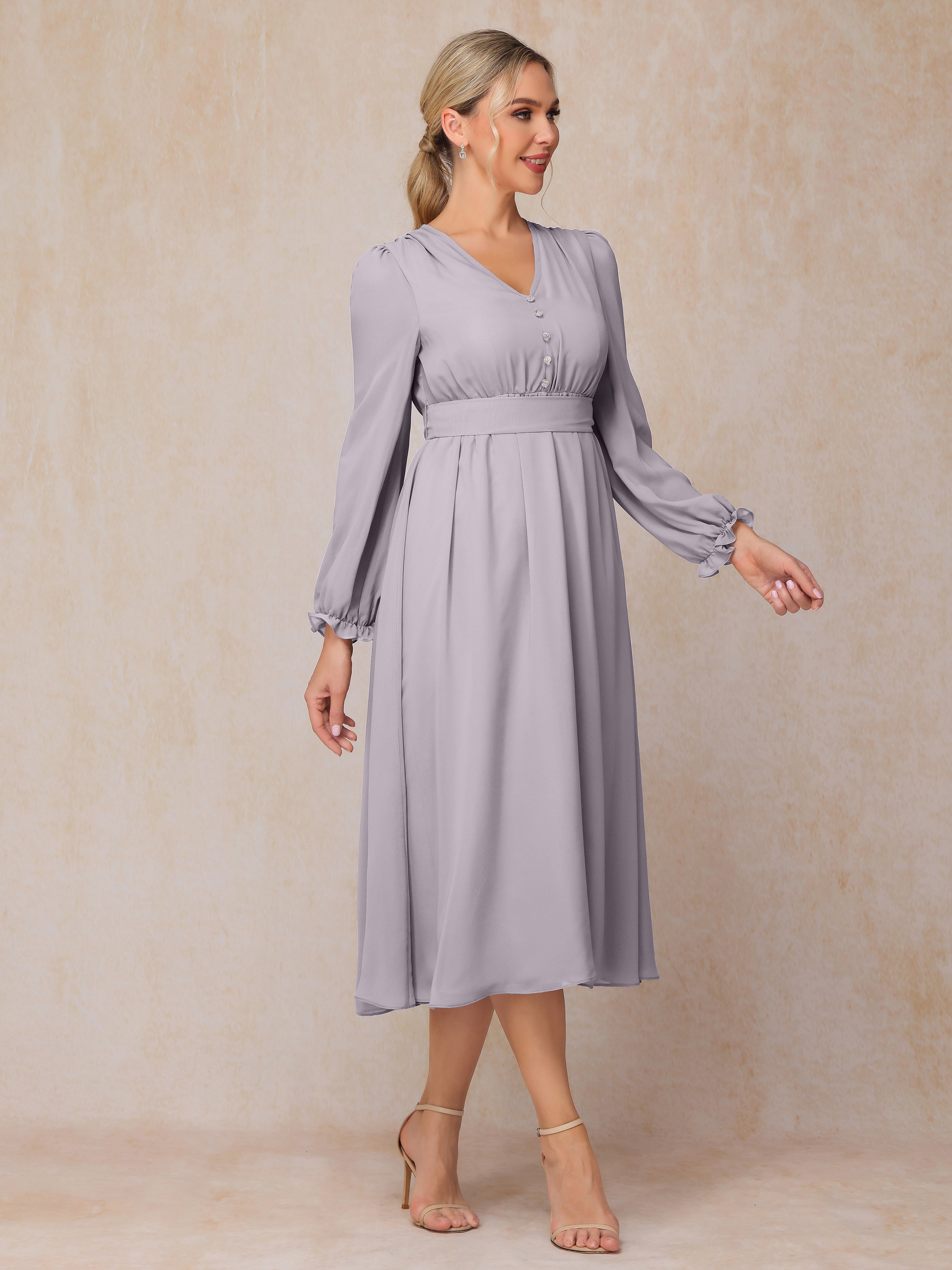 V Neck Long Sleeves Tea Length Chiffon Mother Of The  Groom Dress