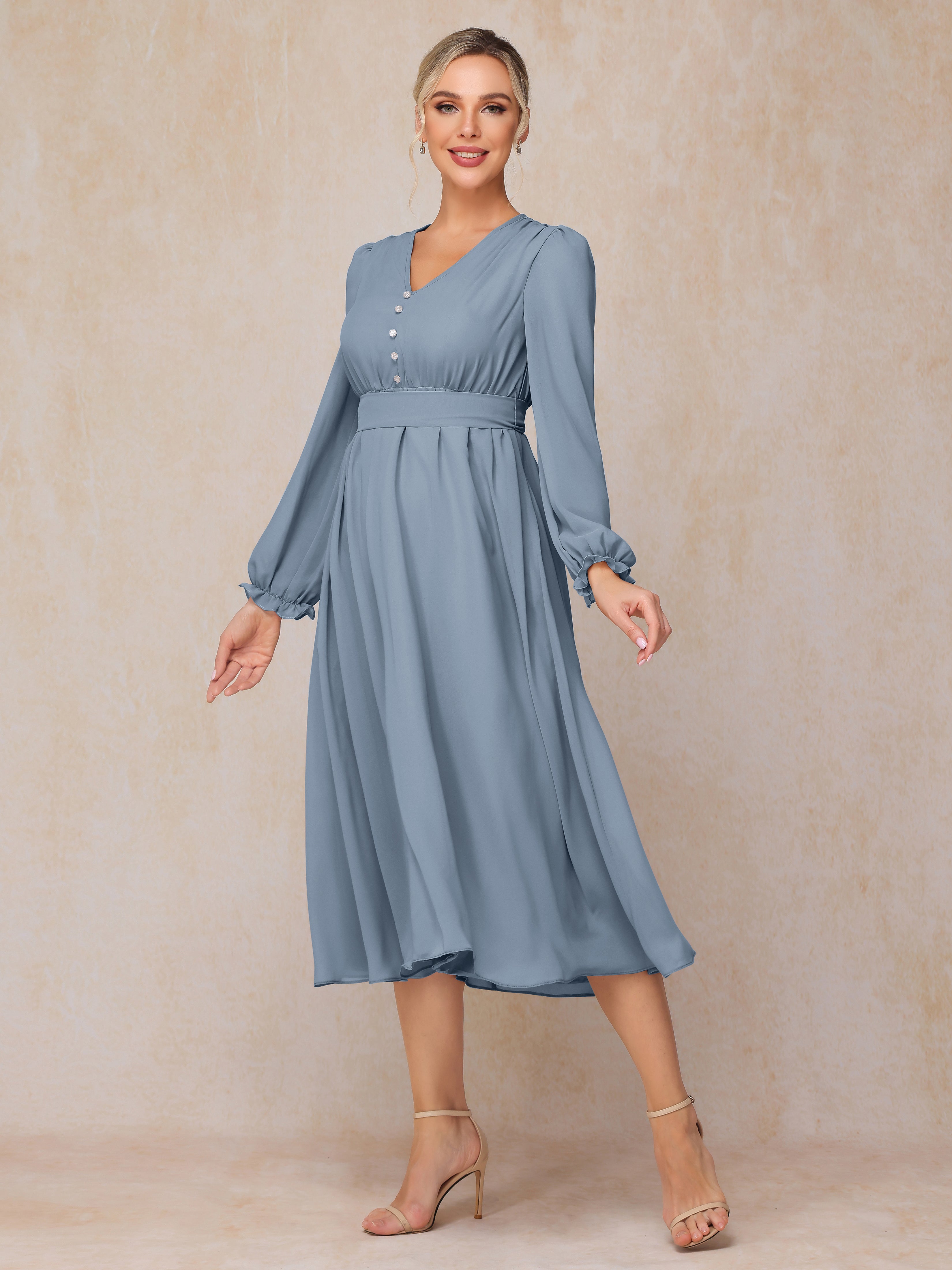 V Neck Long Sleeves Tea Length Chiffon Mother Of The  Groom Dress