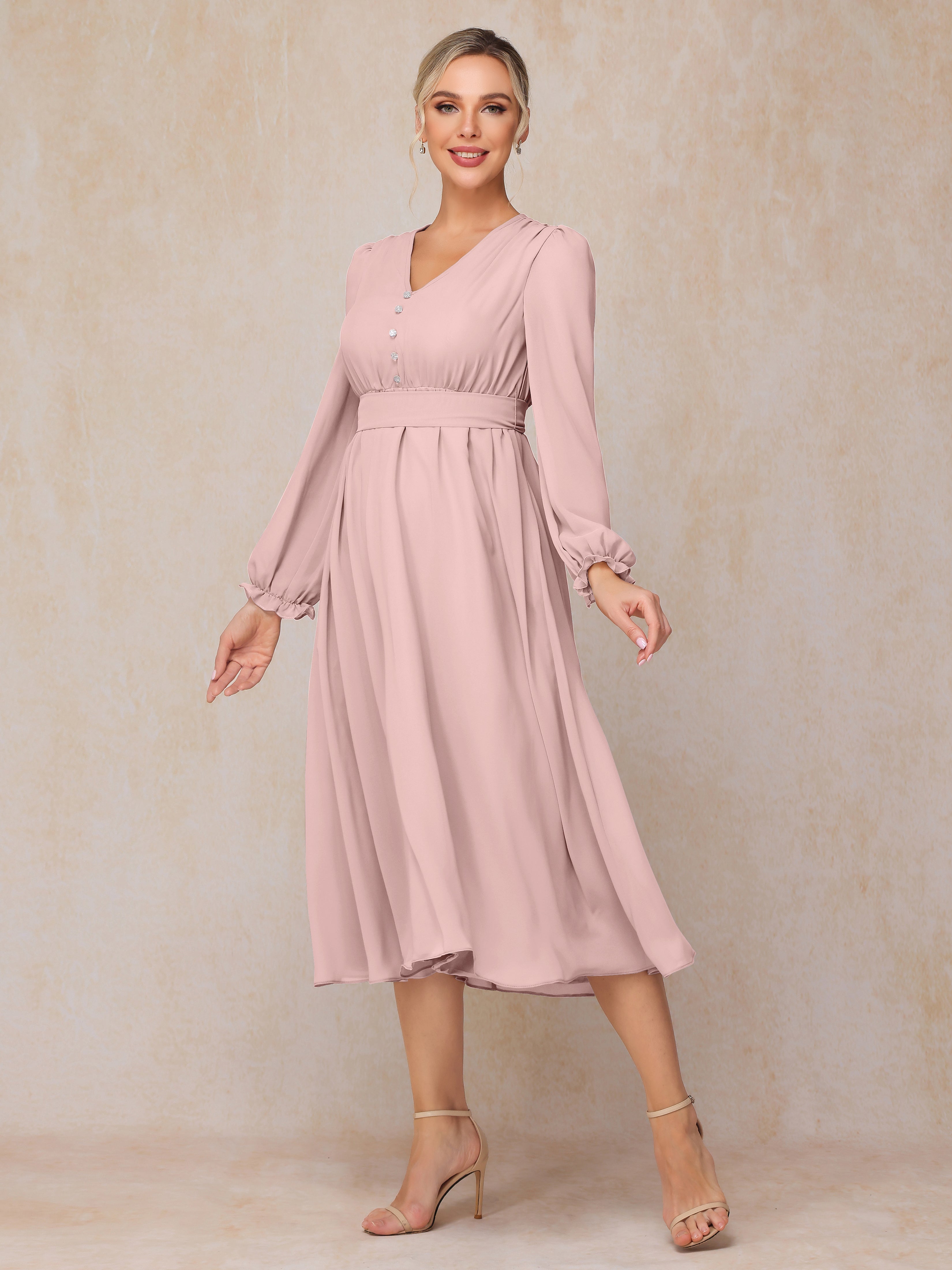 V Neck Long Sleeves Tea Length Chiffon Mother Of The  Groom Dress