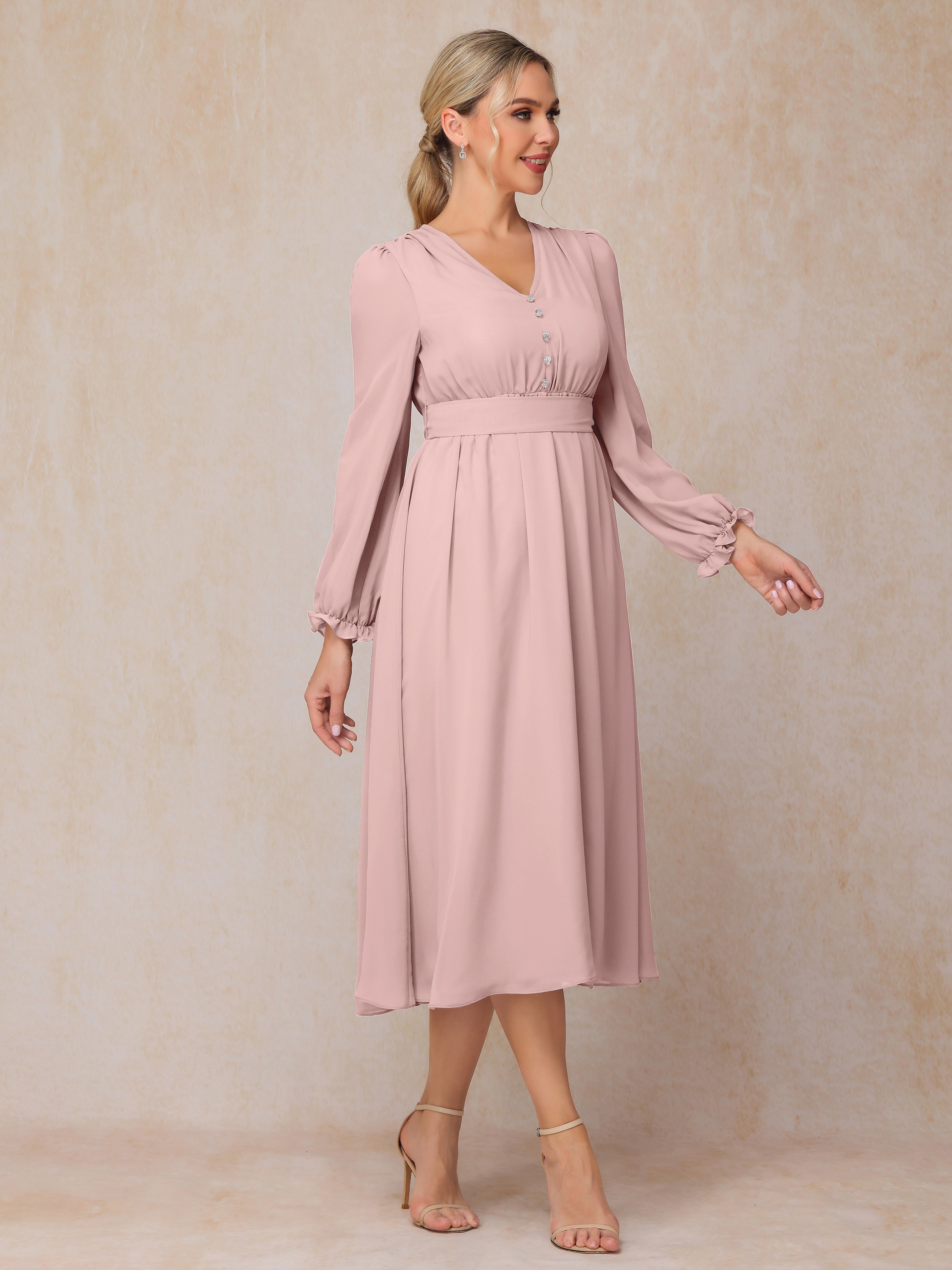 V Neck Long Sleeves Tea Length Chiffon Mother Of The  Groom Dress