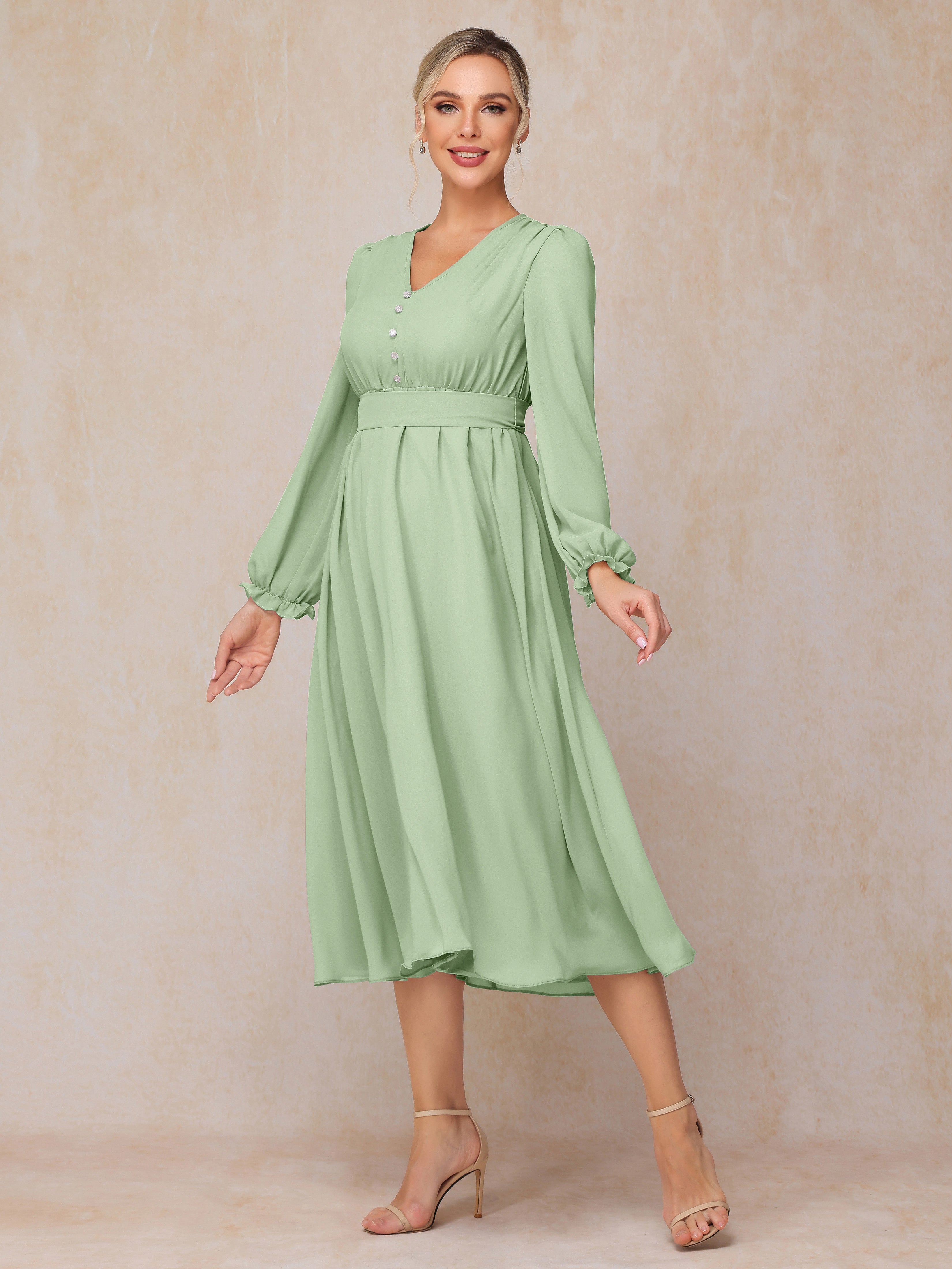 V Neck Long Sleeves Tea Length Chiffon Mother Of The  Groom Dress