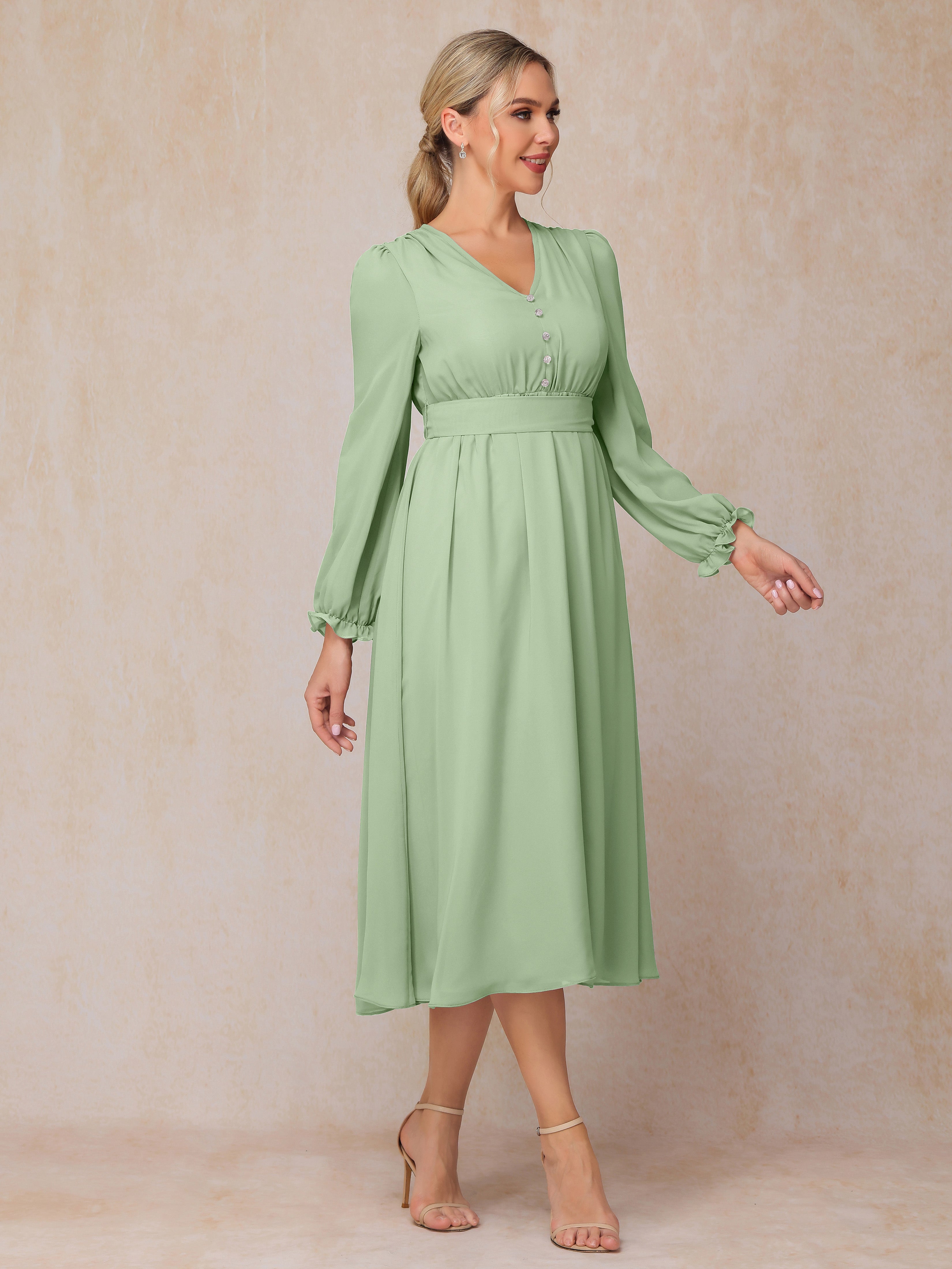 V Neck Long Sleeves Tea Length Chiffon Mother Of The  Groom Dress