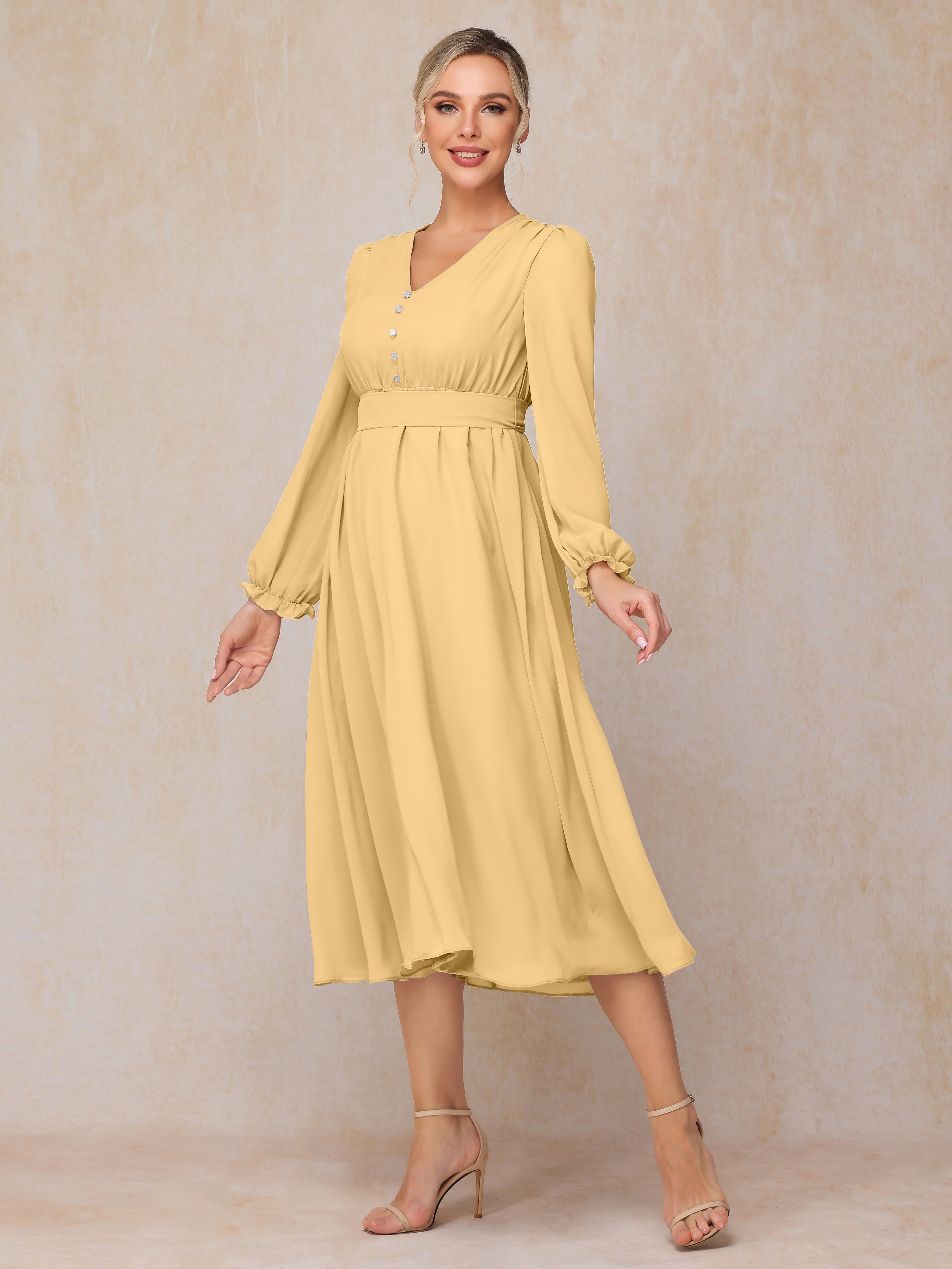 V Neck Long Sleeves Tea Length Chiffon Mother Of The  Groom Dress