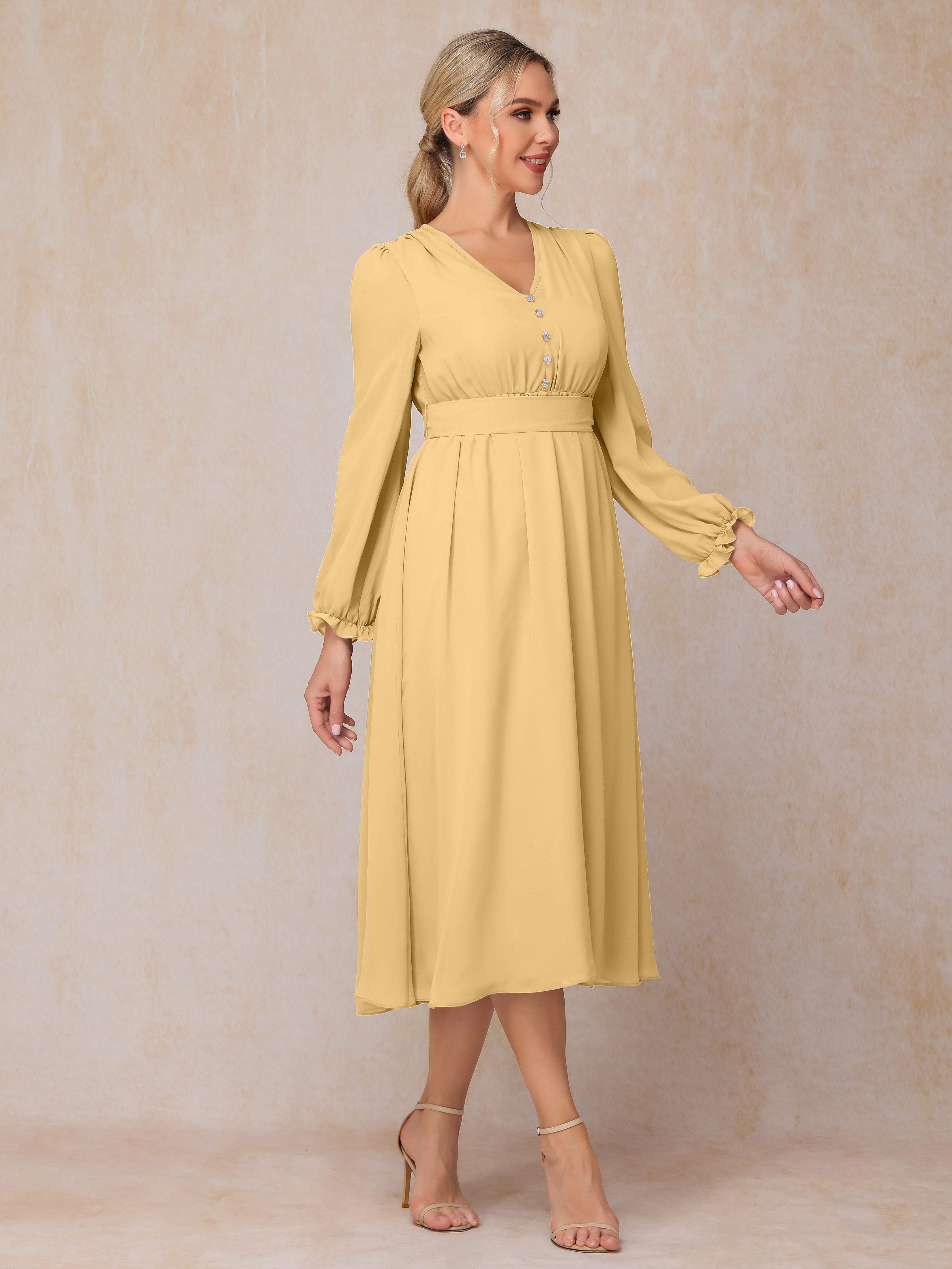 V Neck Long Sleeves Tea Length Chiffon Mother Of The  Groom Dress