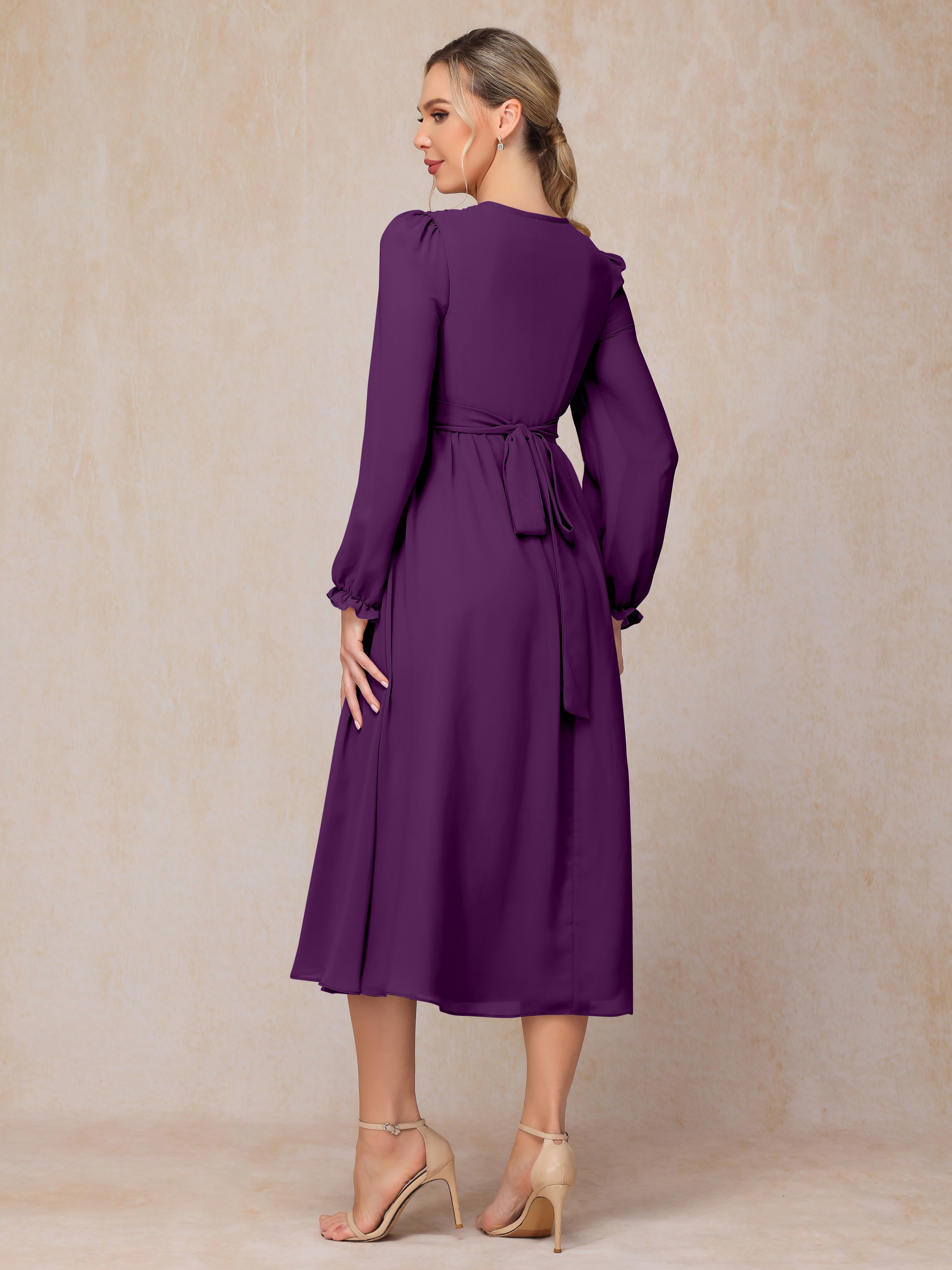 V Neck Long Sleeves Tea Length Chiffon Mother Of The  Groom Dress