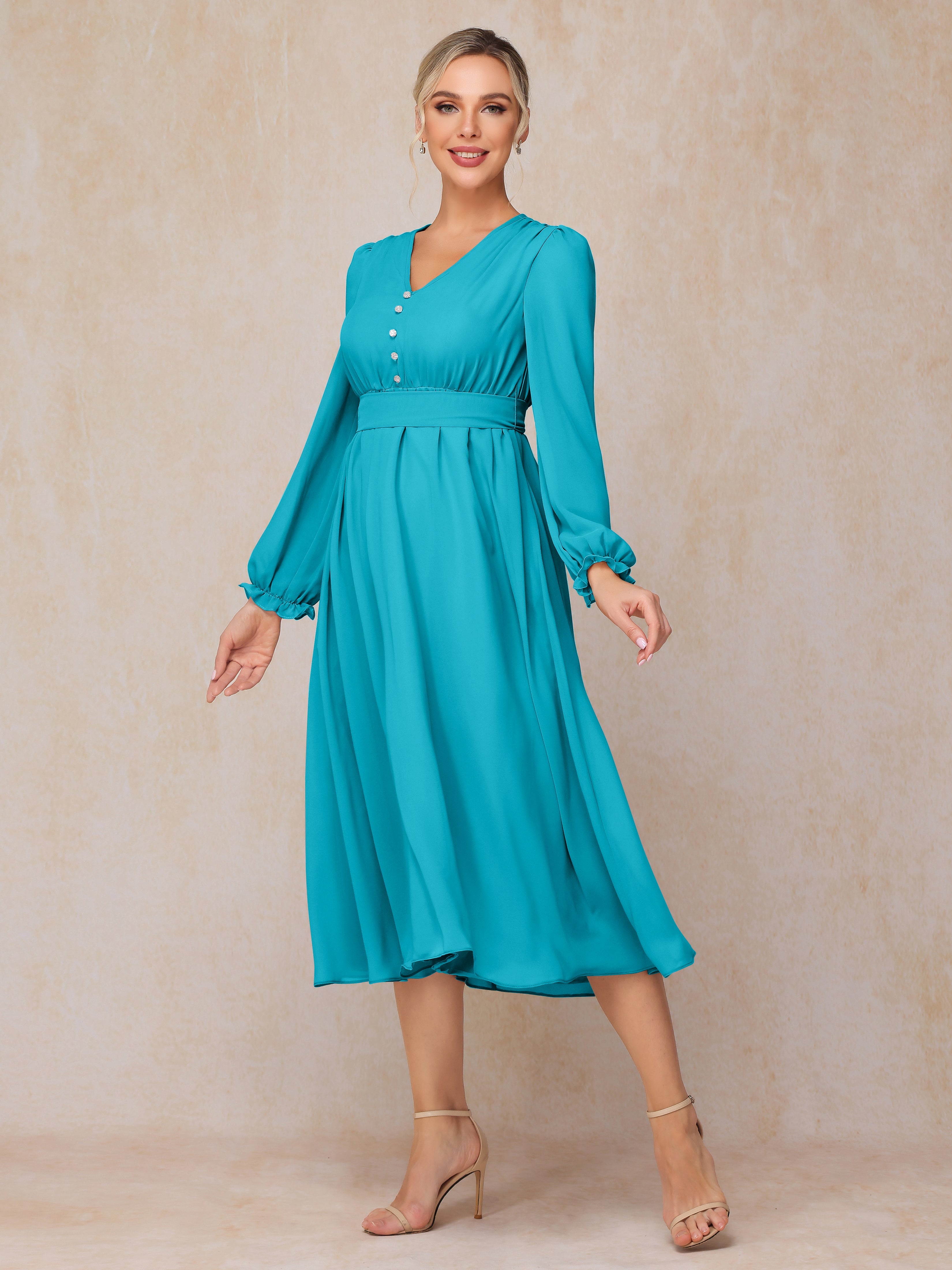 V Neck Long Sleeves Tea Length Chiffon Mother Of The  Groom Dress