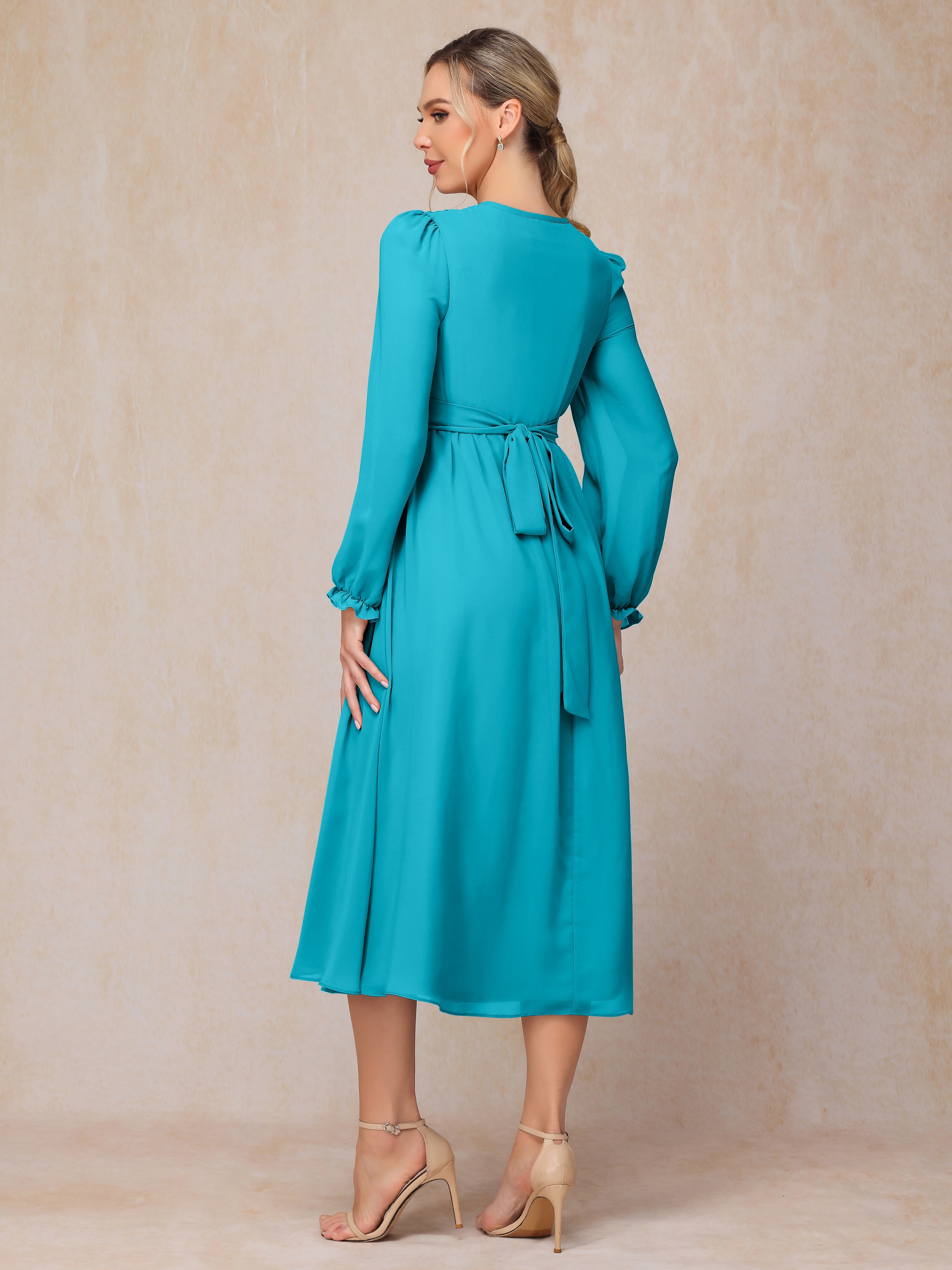 V Neck Long Sleeves Tea Length Chiffon Mother Of The  Groom Dress