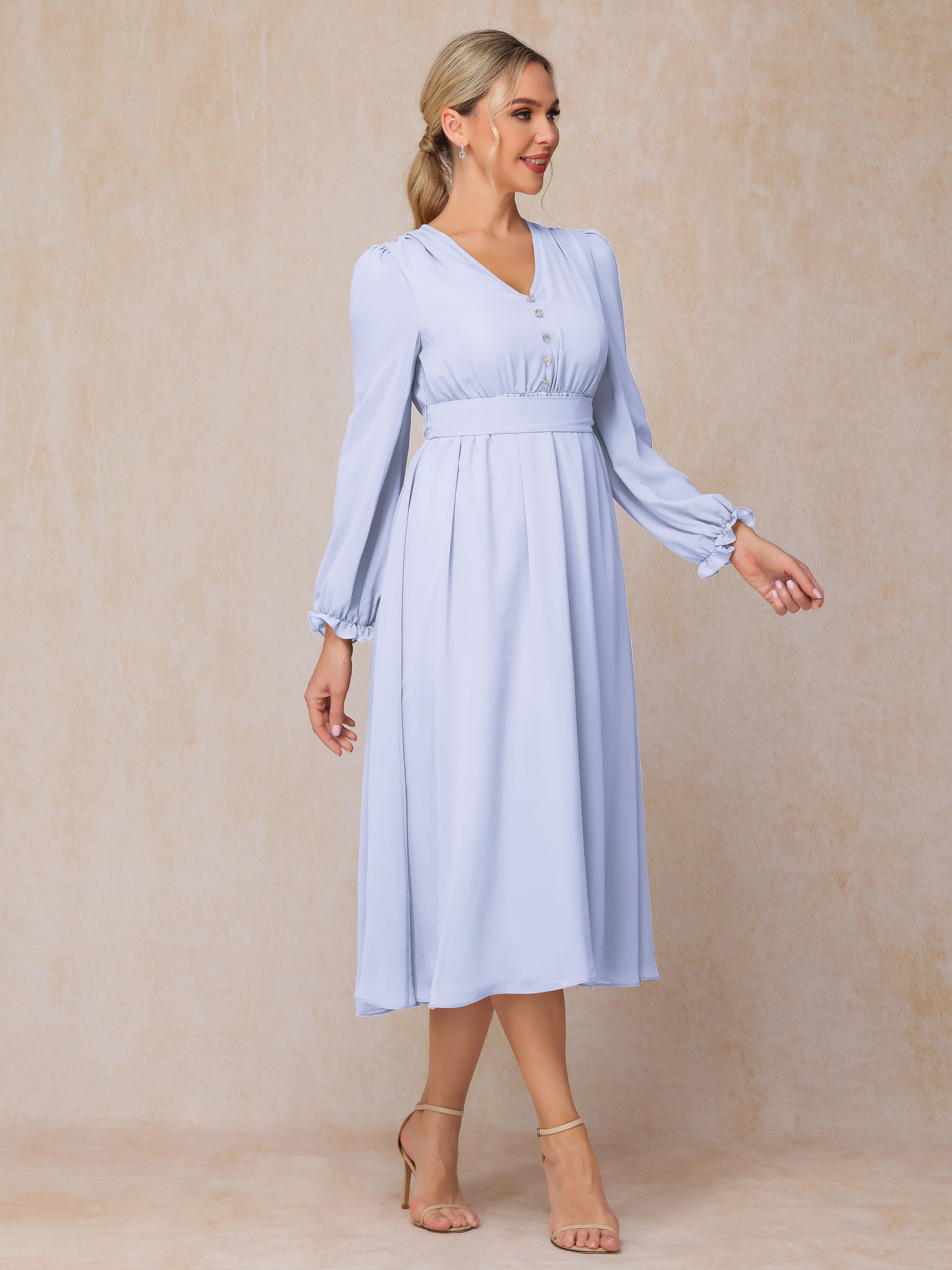 V Neck Long Sleeves Tea Length Chiffon Mother Of The  Groom Dress