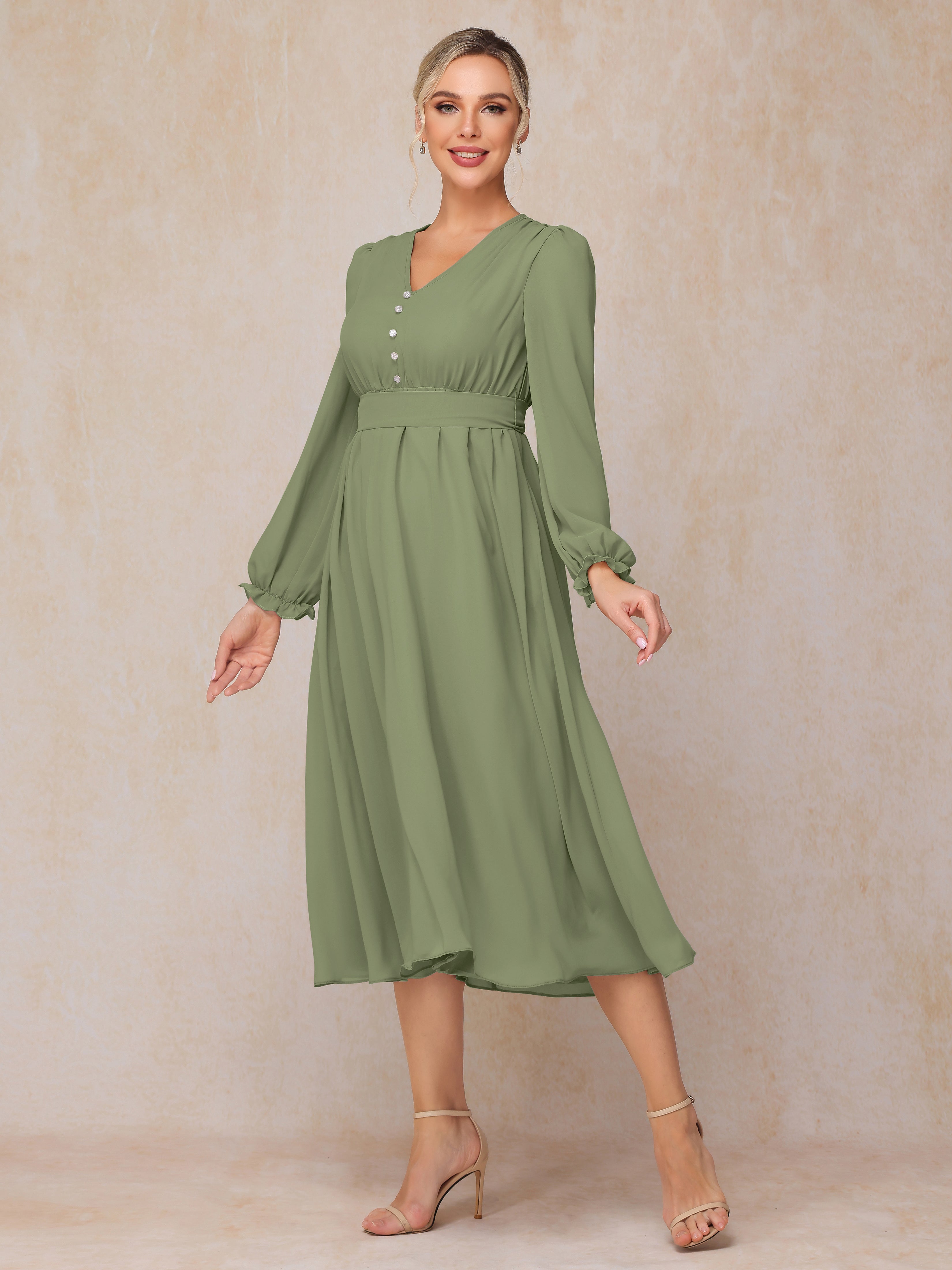 V Neck Long Sleeves Tea Length Chiffon Mother Of The  Groom Dress