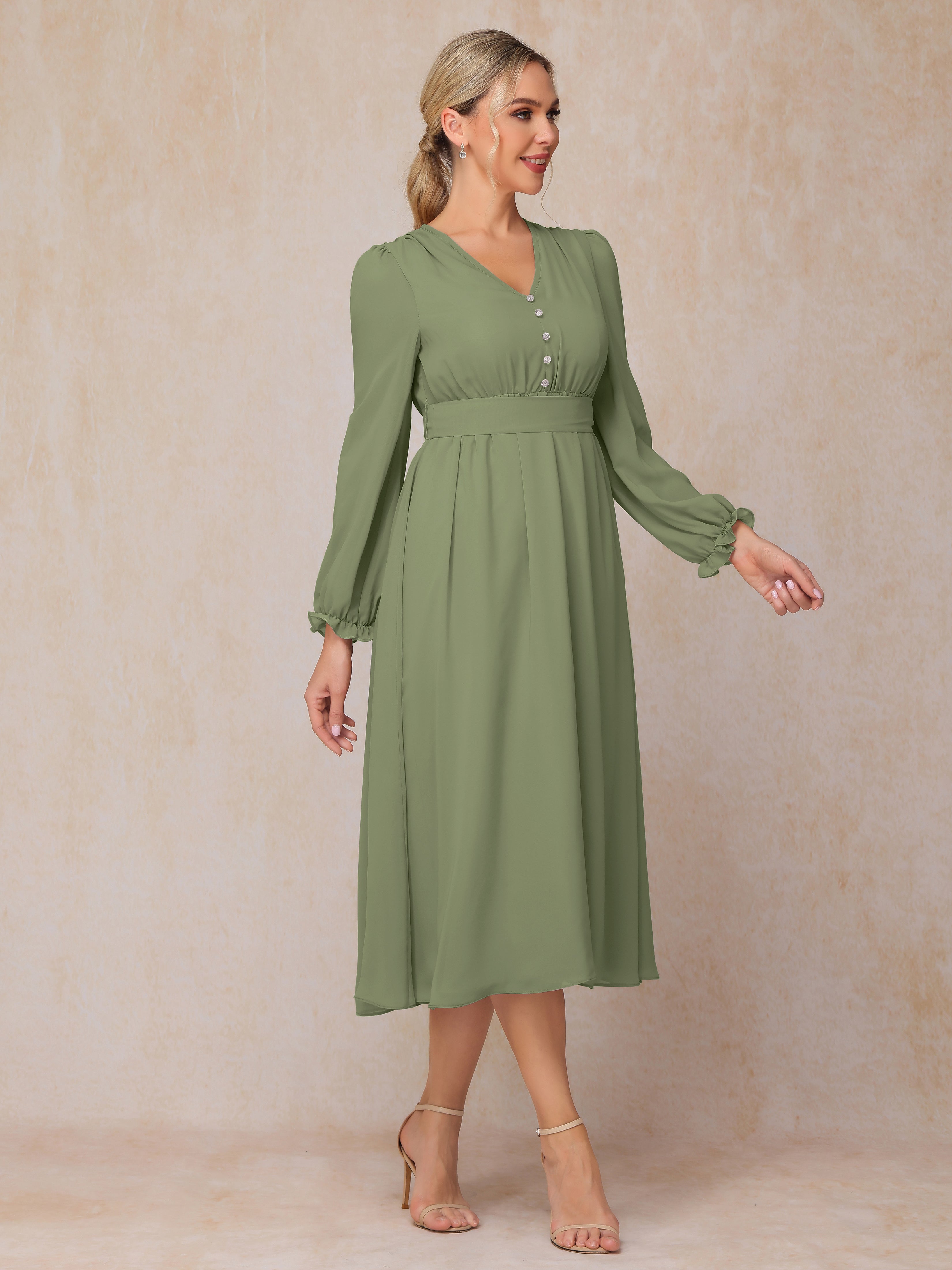 V Neck Long Sleeves Tea Length Chiffon Mother Of The  Groom Dress