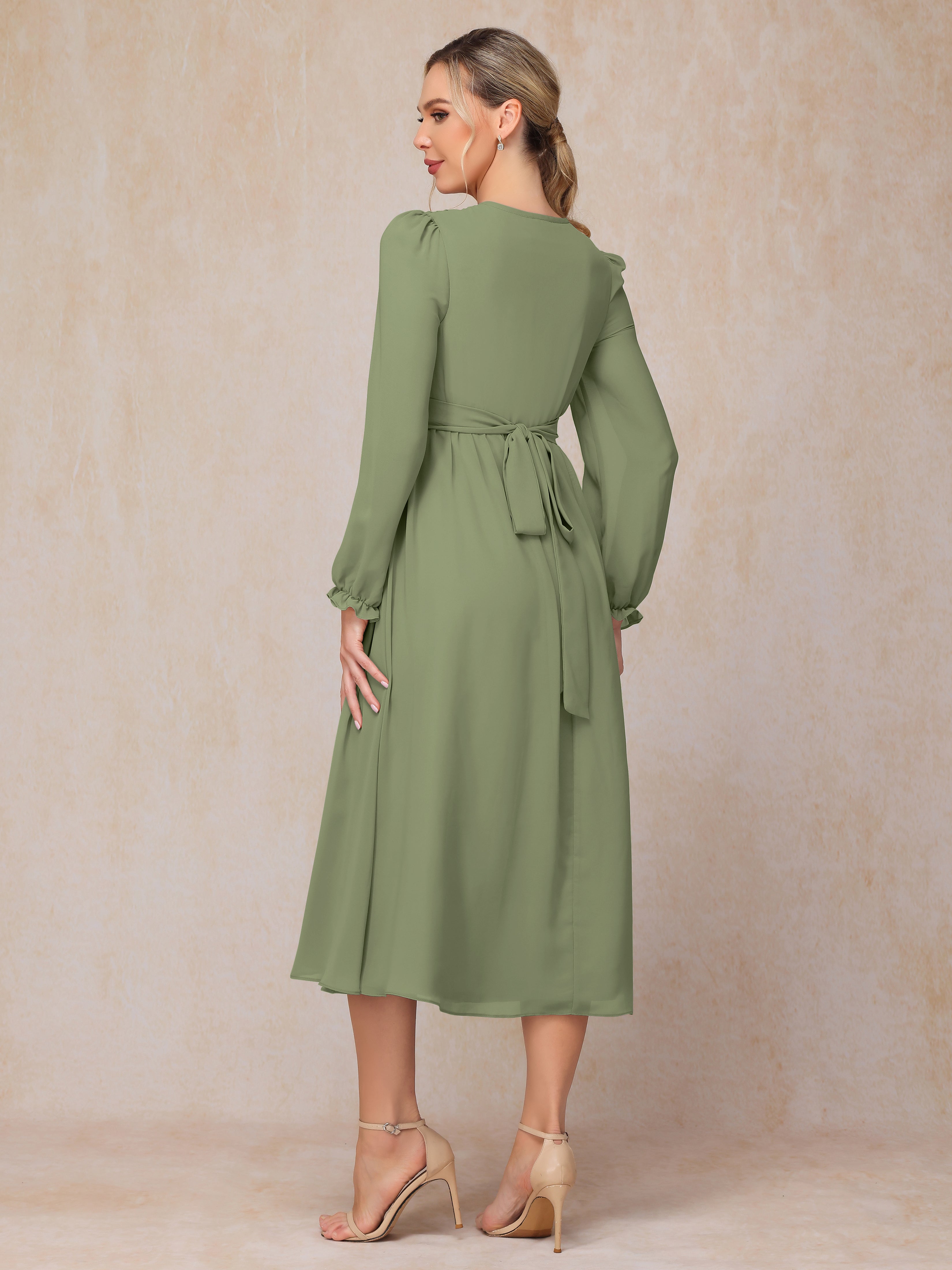 V Neck Long Sleeves Tea Length Chiffon Mother Of The  Groom Dress