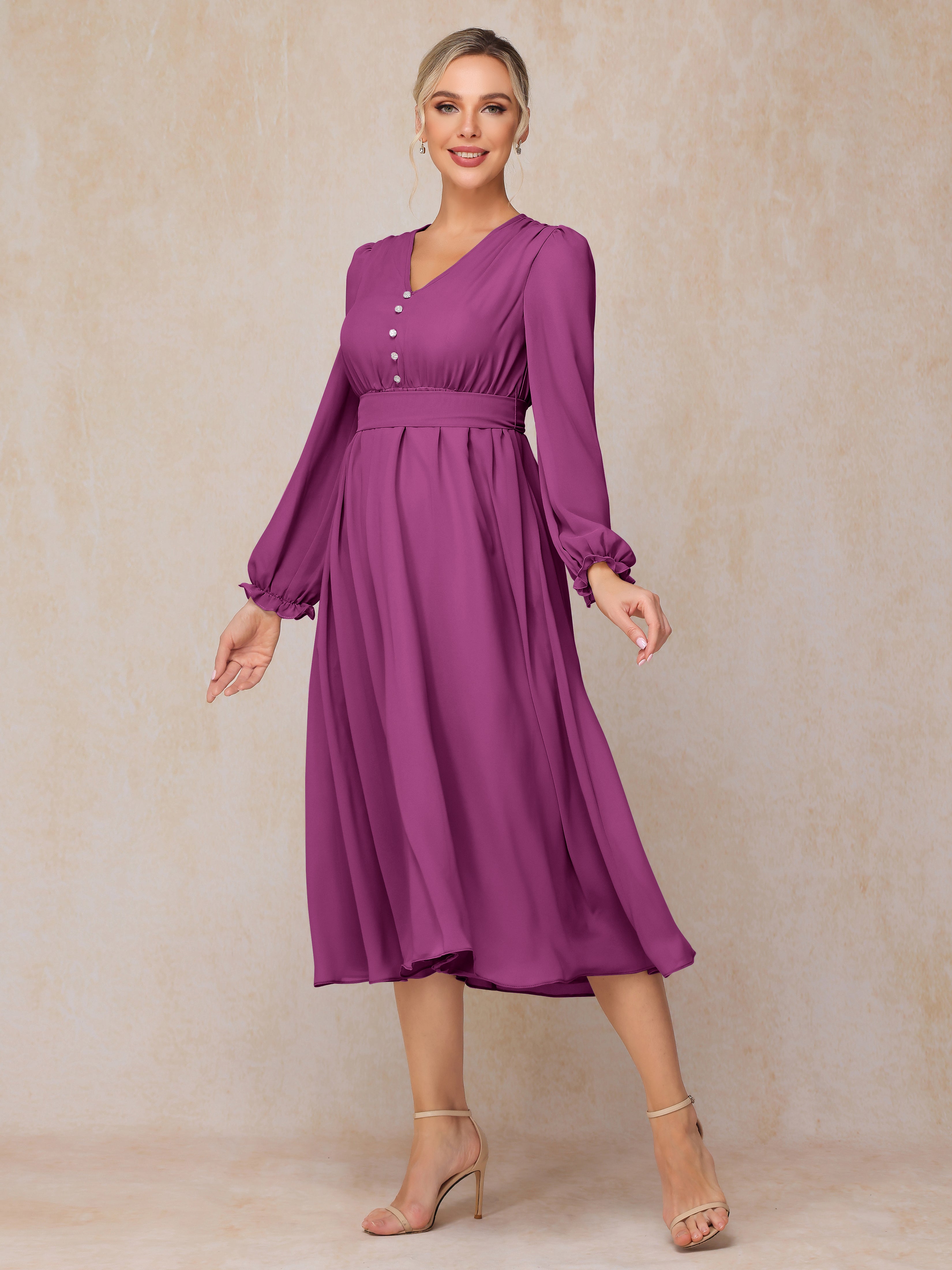 V Neck Long Sleeves Tea Length Chiffon Mother Of The  Groom Dress